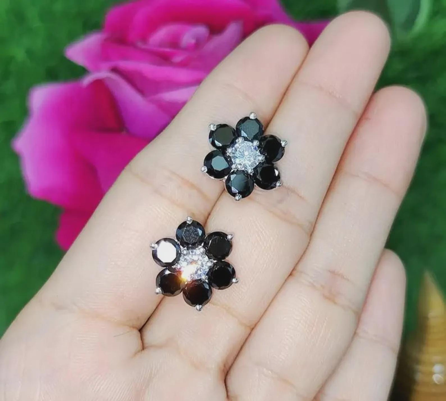 1.20Ct Round Cut Simulated Black Diamond Flower Earrings 14K White Gold Plated 925 Sterling Silver, Push back Earrings, Gift For Her