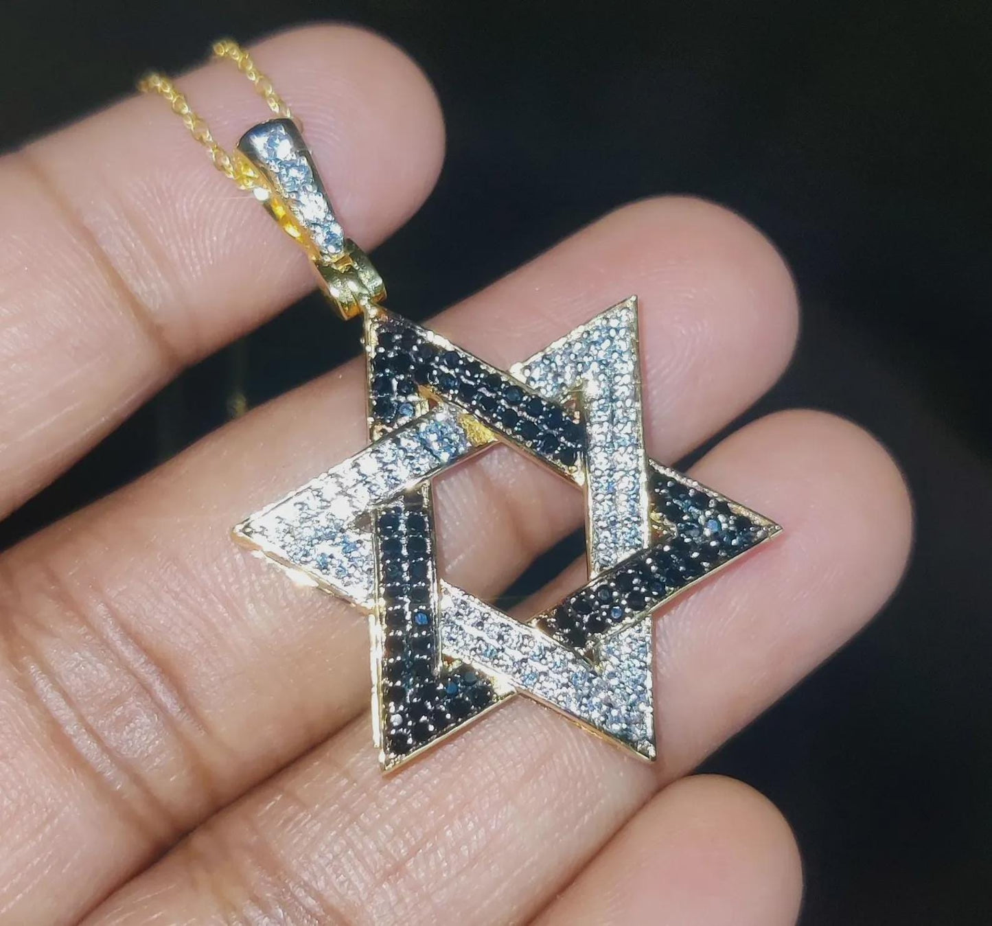 Round Cut Simulated Black and White Diamond Star of David Pendant 14K Yellow Gold Plated Pendant Gift