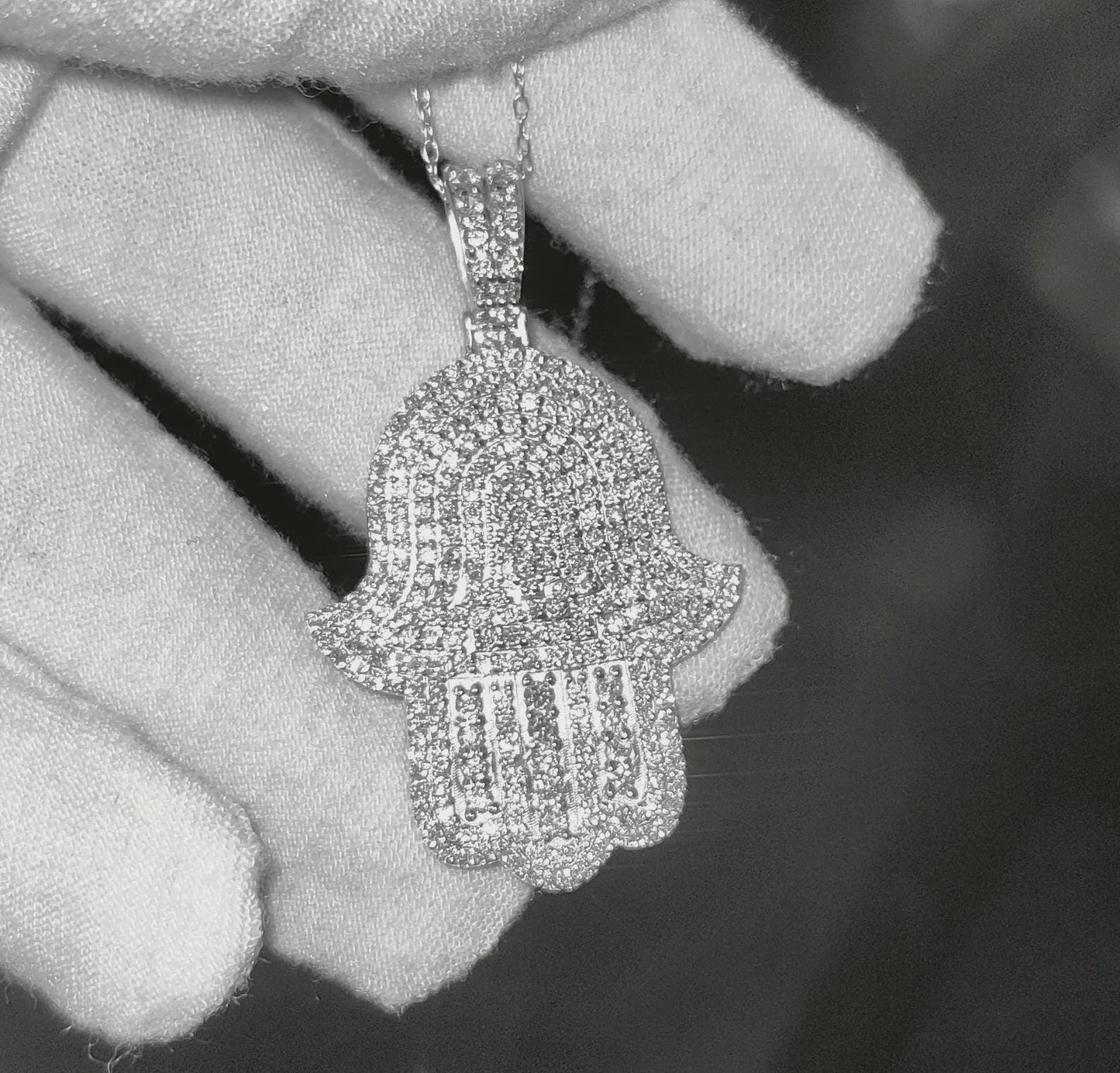 2Ct Round Cut Simulated White Diamond Hamsa Pendant  14K White Gold Finish Free Chain 925 Sterling Silver