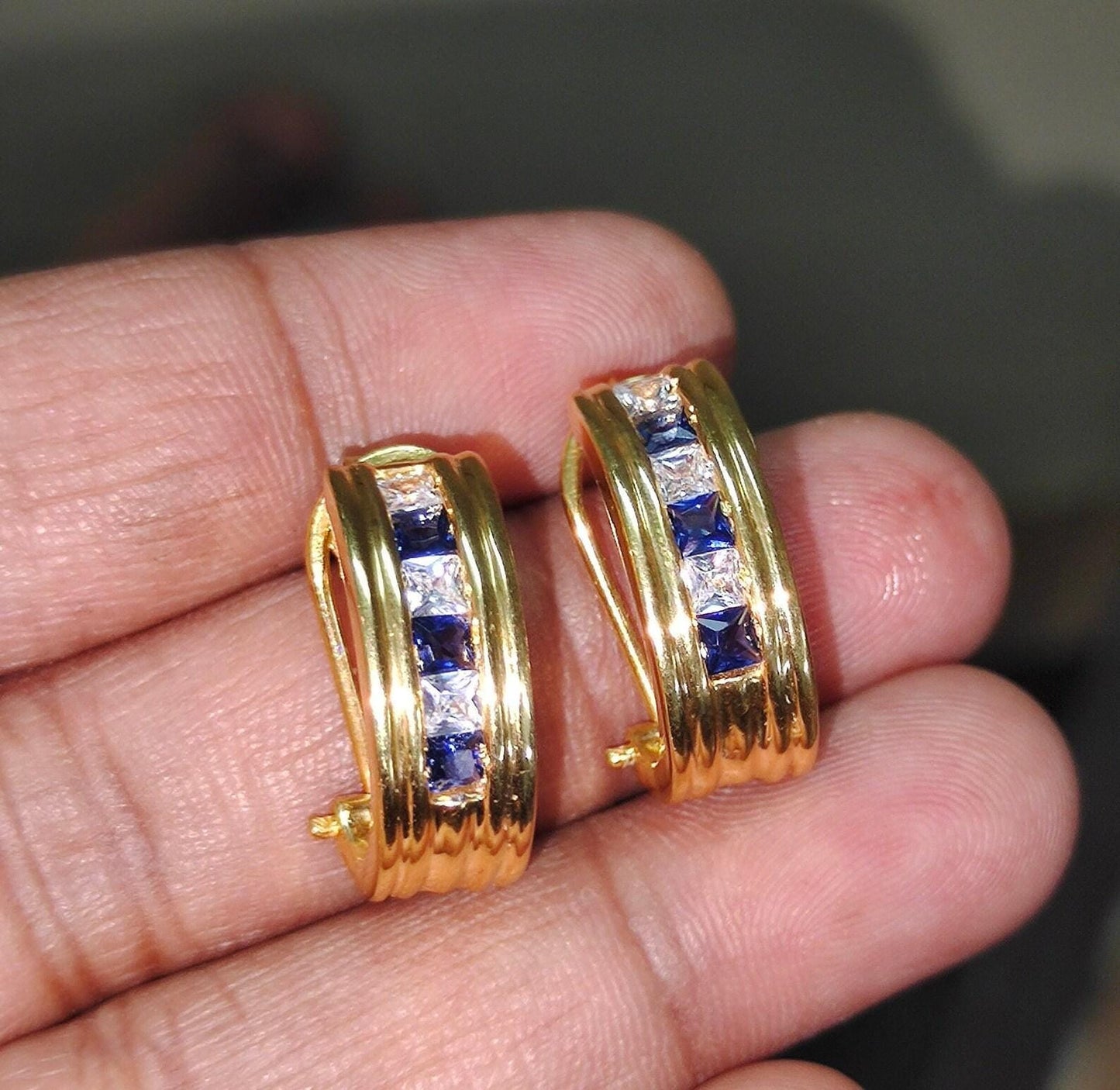 3Ct Princess Brilliant cut Blue Sapphire VVS1/D Diamond 14K Yellow Gold Finish Two Dangle Circle Hoop Huggie earrings Gift For her