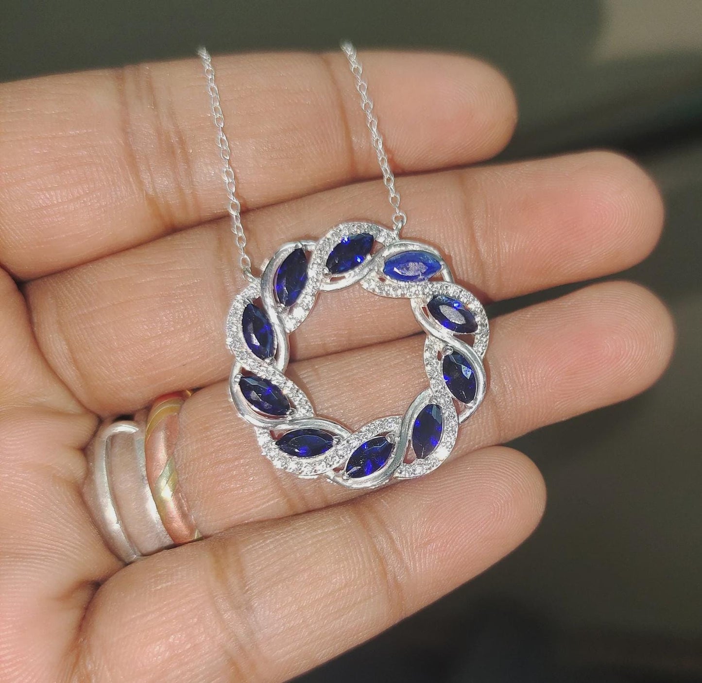 2Ct Marquise Cut Blue Sapphire & VVS1/D Diamond Circle Pendant Necklace 14k White Gold Plated Birthday Gift for Her Free Chain