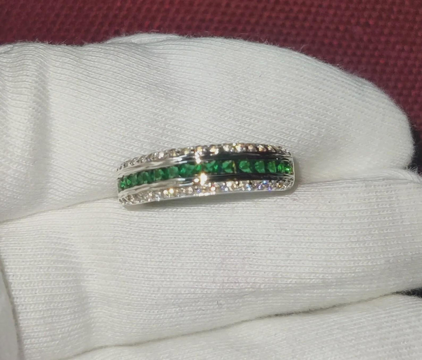 1.50Ct Emerald Princess Cut Simulated Emerald Diamond  Band Engagement Anniversary Ring Prong 14K White Gold Finish 925 Sterling Silver