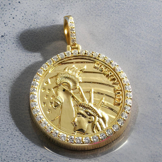 1Ct Round Cut Moissanite Pendant  Liberty Coin Pendant Necklaces Pendant 14K Yellow Gold Over Moissanite Liberty Pendant