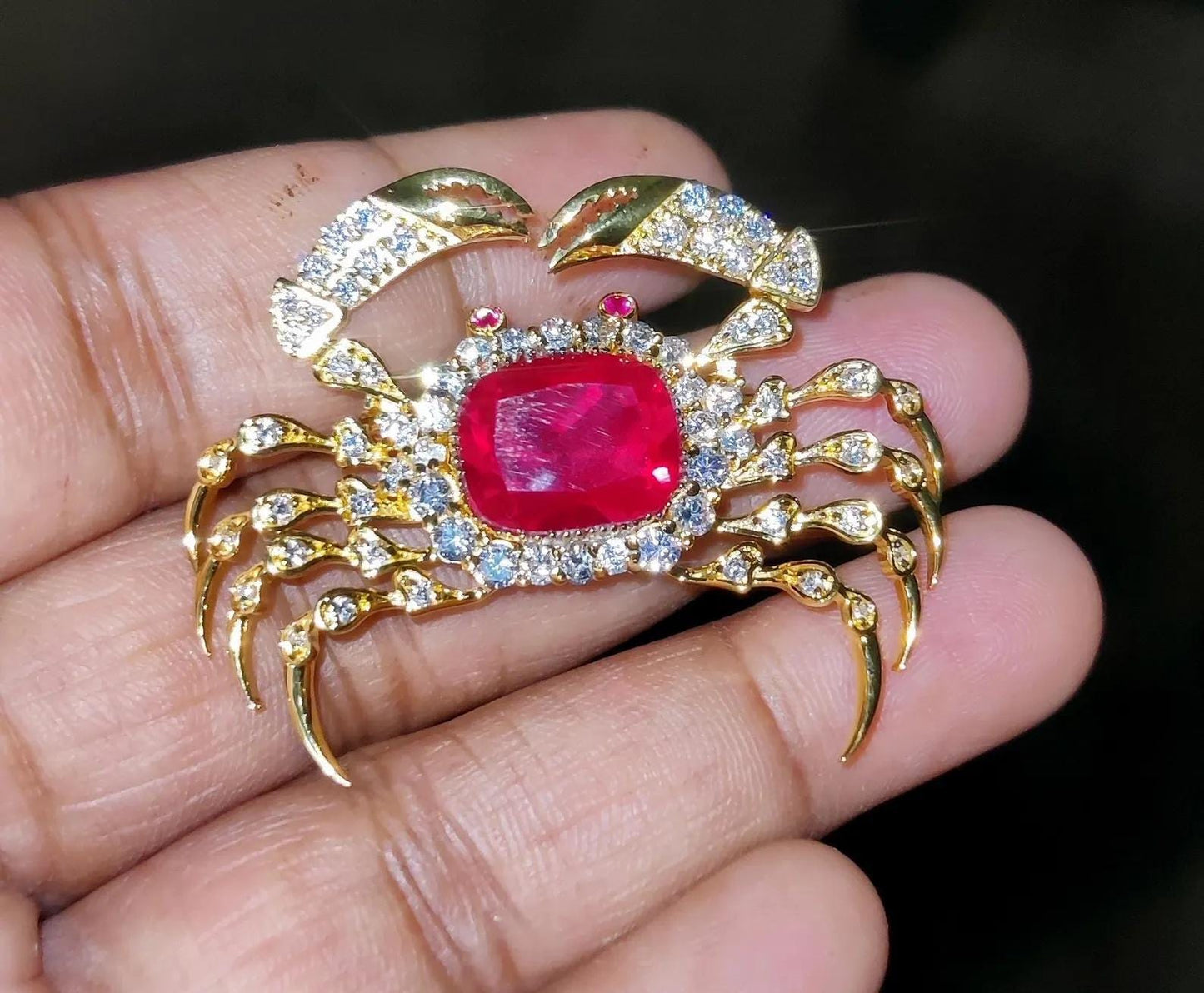2Ct Diamond Brooch Pin, Crab Shape Brooch, Lab-Created Red Ruby Diamond 14K Yellow Gold Plated 925 Sterling Silver, Special Occasion wear
