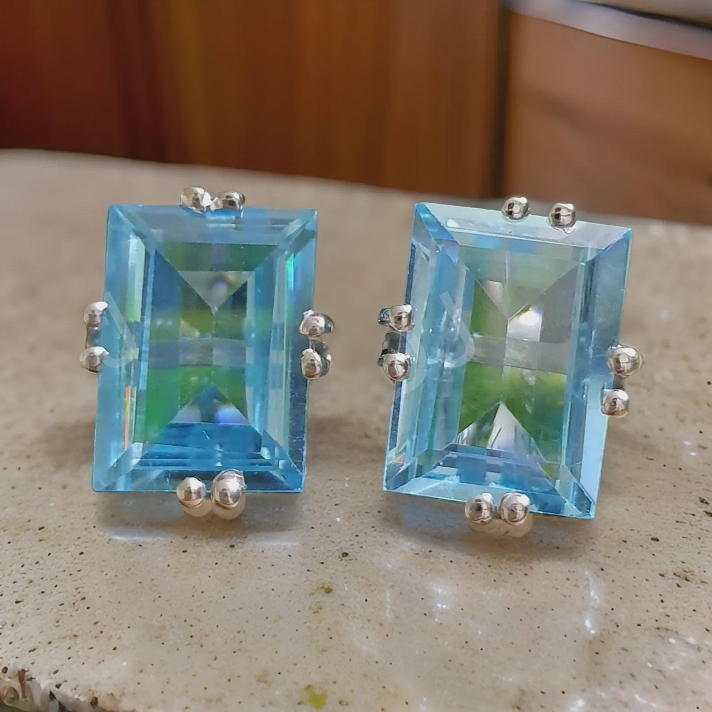 Radiant Cut 4Ct  Blue Topaz Diamond Prong set Solitaire Earrings 14k White Gold Over Stud Earring, Prong Setting Stud ,Gift Fir Her