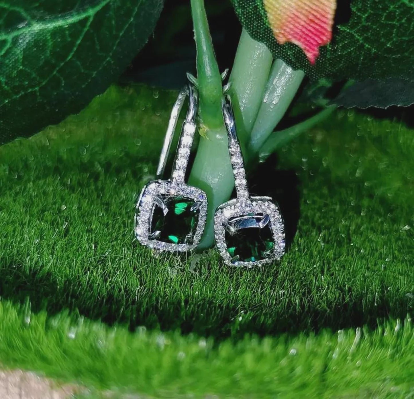 2Ct Emerald  Cut Green Emerald Elegant Drop Dangle Women's Earrings 14K White Gold Plated - 925 Silver