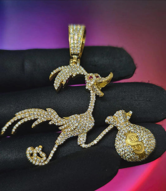 Round Cut Moissanite Duck With Money Bag Pendant Hip Hop Bird Pendant 14K Yellow Gold Plated 925 Sterling Silver Free Chain