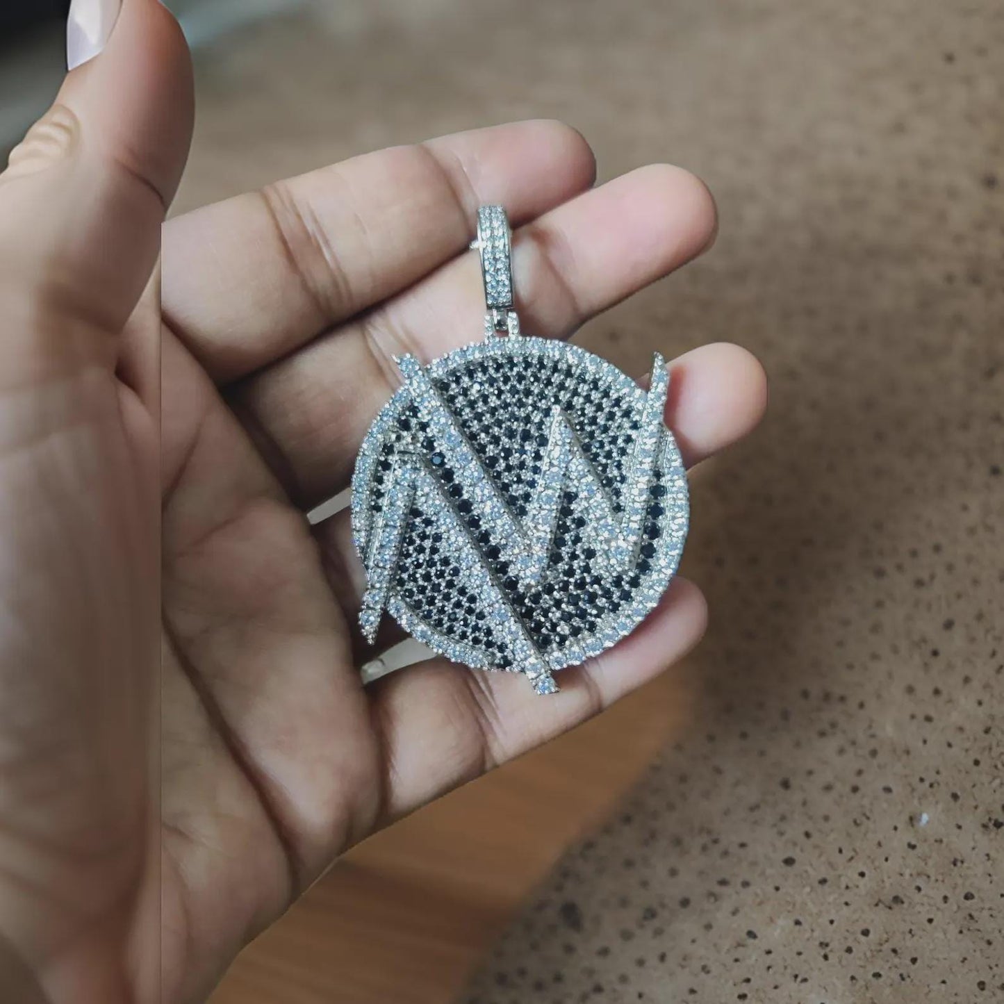 4Ct Diamond Round Cut Lab-Created Black Diamond Cluster AW Circle Pendant 14K White Gold Finish Hip Hop Alphabet Circle Diamond Pendant