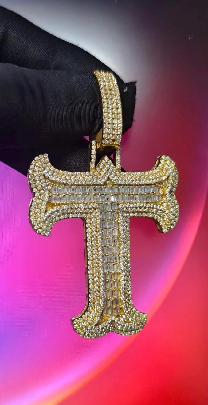 3Ct Round Cut Simulated Diamond Custom Inital Letter T Pendant 14K Yellow Gold Plated - 925 Silver