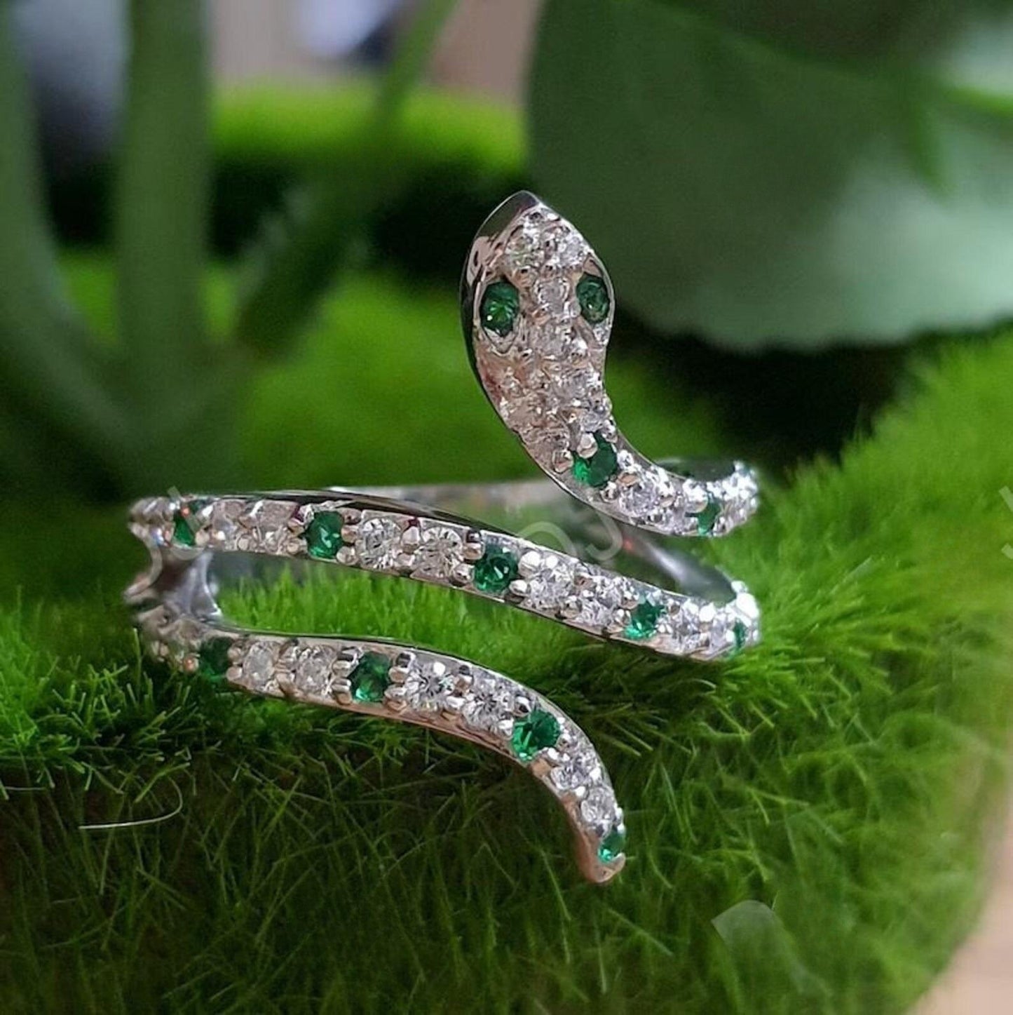0.50Ct Round Cut Green Emerald VVS1 Diamond Solitaire Engagement Snake Women's Ring 14K White Gold Finish Gift For Her, Birthday Gift