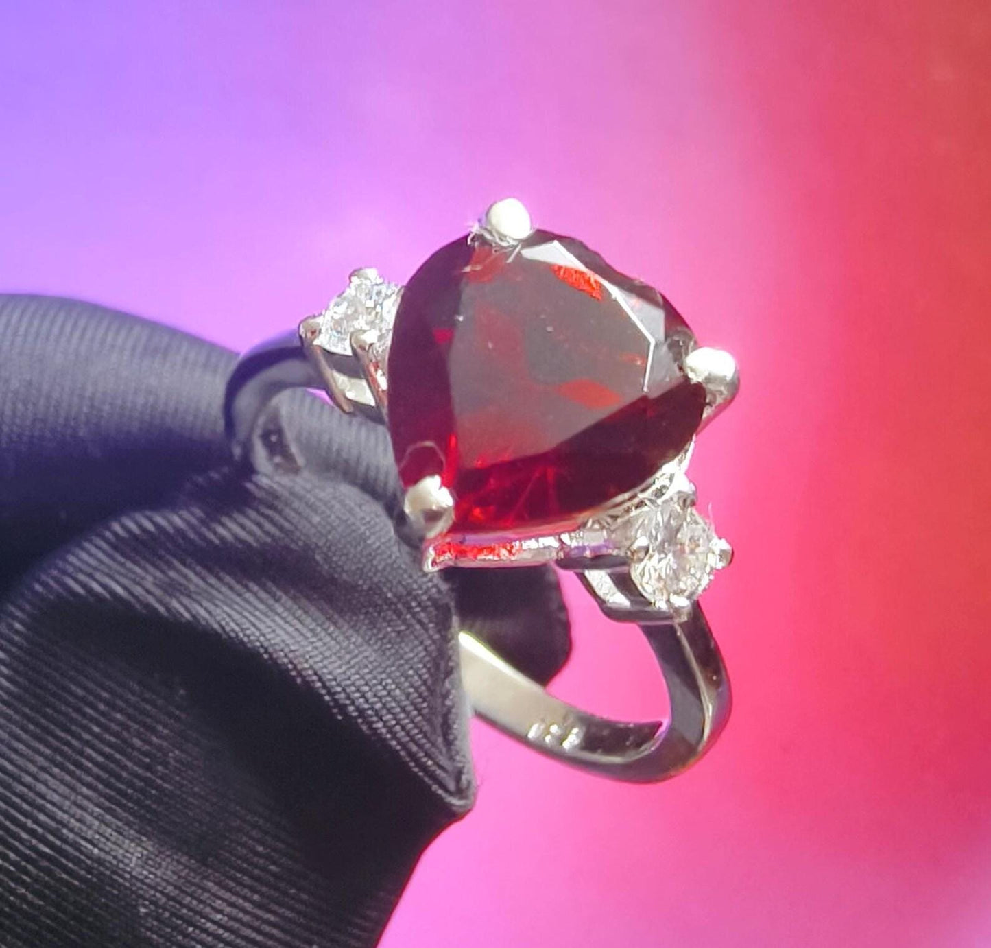 1.50Ct Heart Cut Simulated Red Garnet & Diamond Wedding Engagement Ring 14k White Gold Plated- 925 Silver, Gift for Her