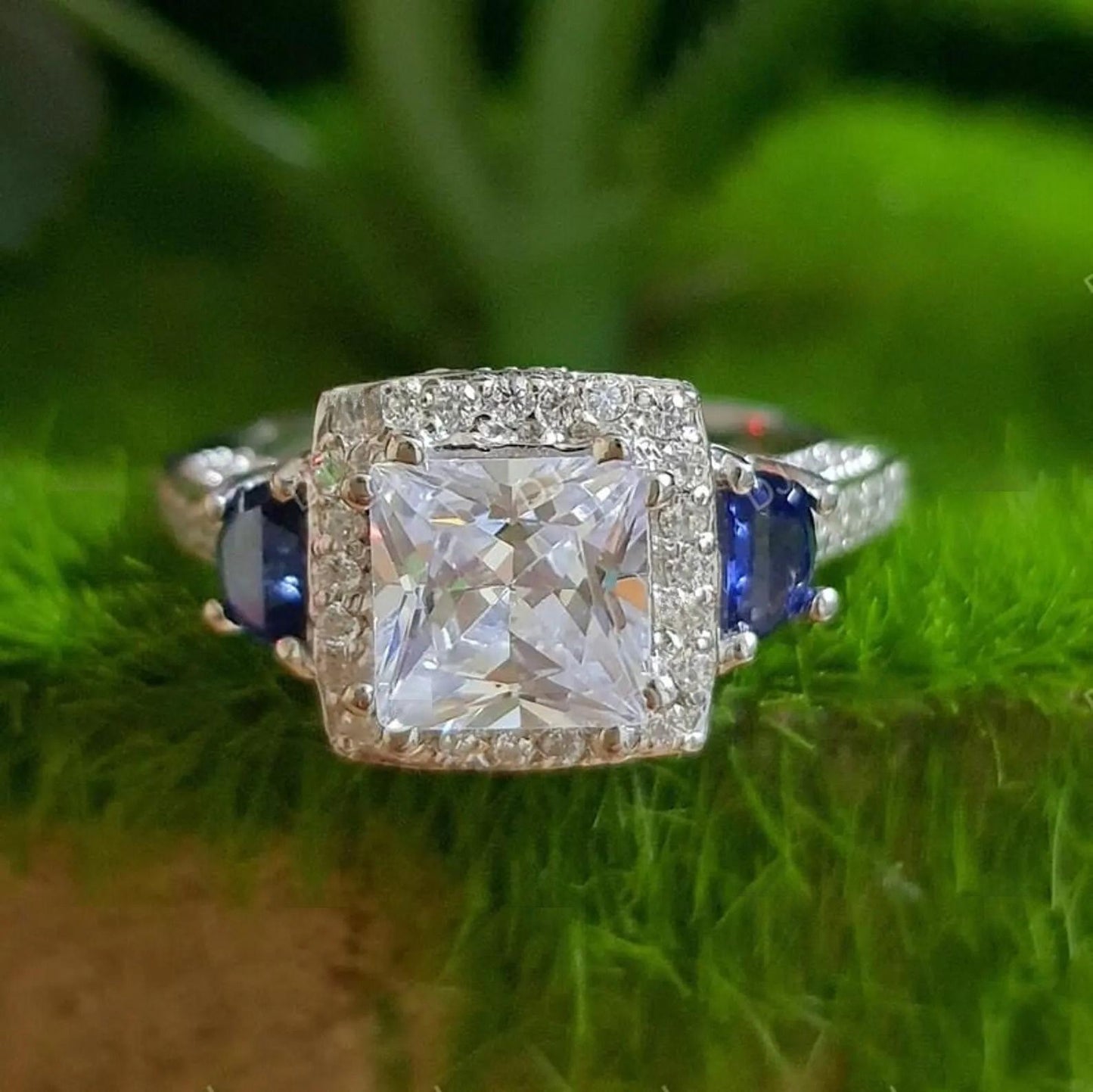 2Ct Princess Cut Halo Simulated Diamond Solitaire Engagement Anniversary Ring 14K White Gold Finish 925 Sterling Silver Wedding Gift For her