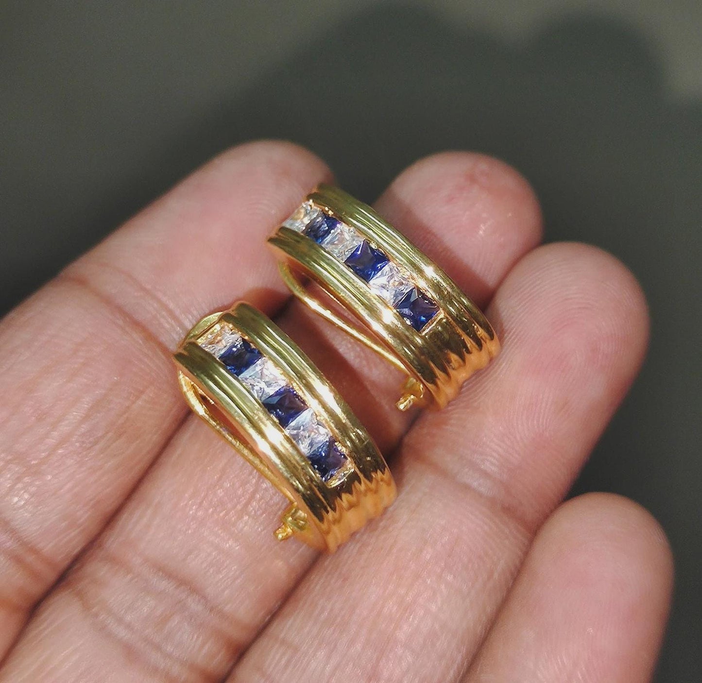 3Ct Princess cut Blue Sapphire VVS1/D Diamond 14K Yellow Gold Finish Dangle Circle Hoop Huggie Women's earrings Gift For her