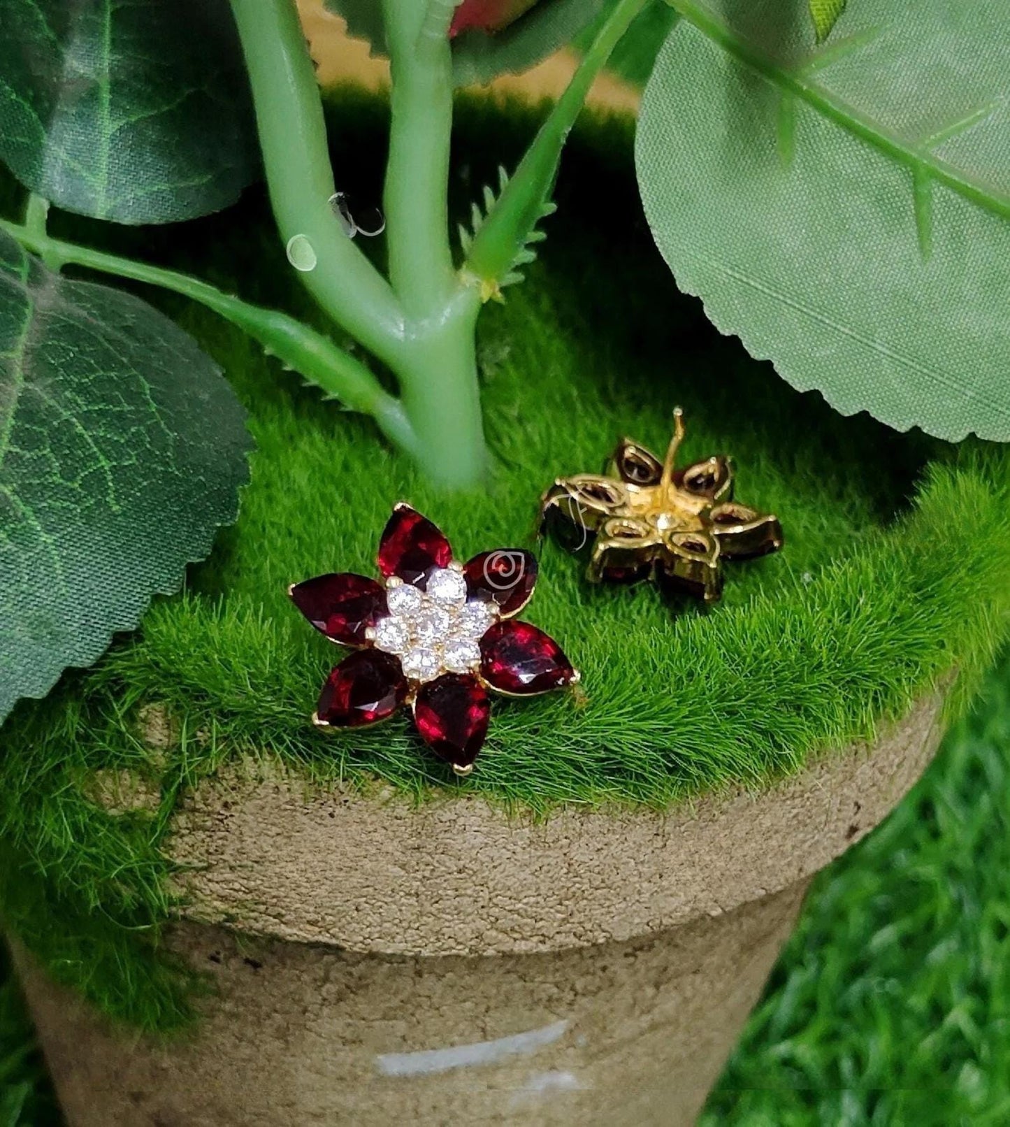 1.20Ct Red Garnet Earrings Lab-Created Pear Cut Red Garnet Cluster Flower Stud Earrings 14K Yellow Gold Finish Woman's Garnet Stud Earrings