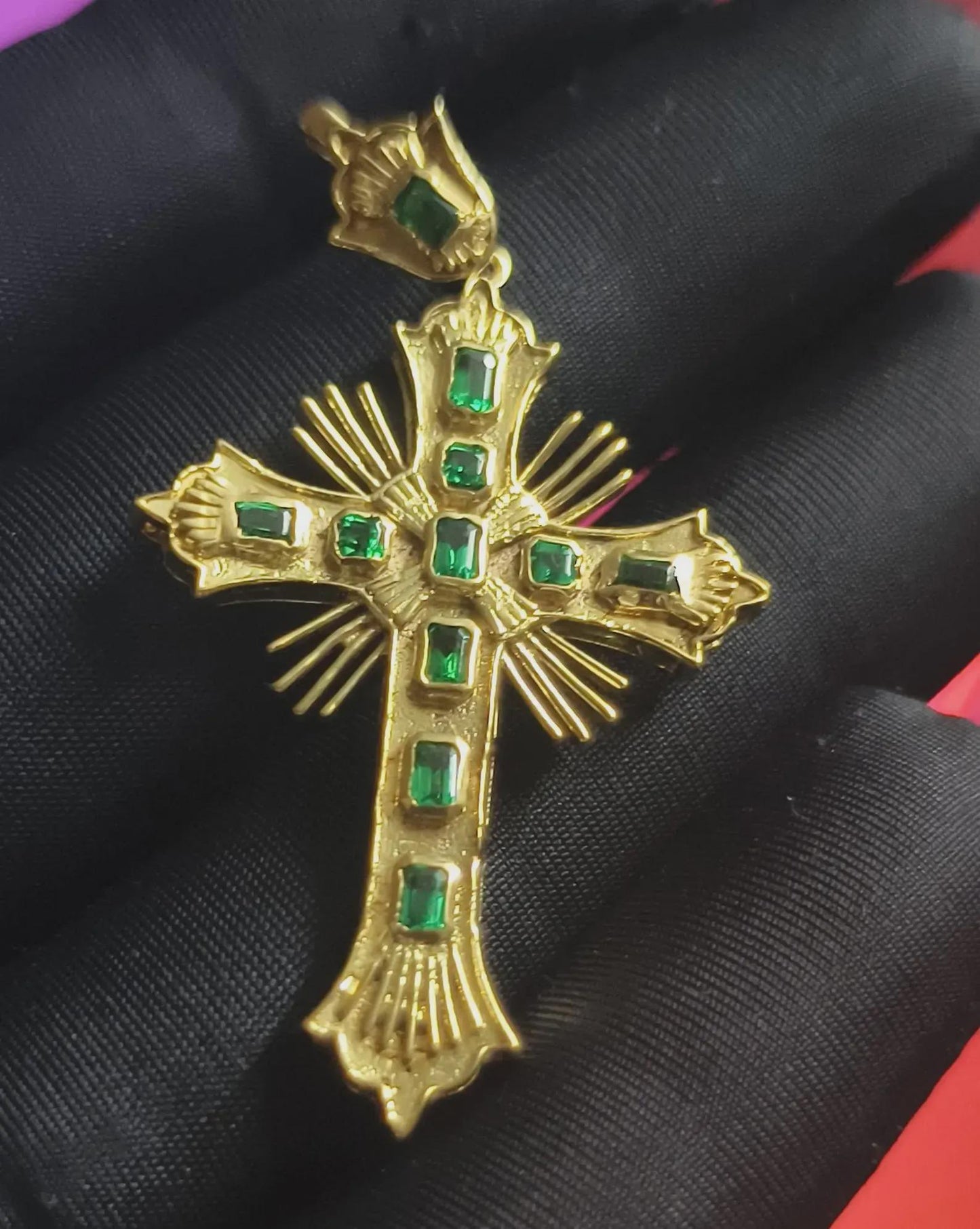 Emerald Cut Cross Pendant Simulated Green Emerald Diamond Pendant 4K Yellow Gold Plated 925 Sterling Silver, Religious Christmas Pendant