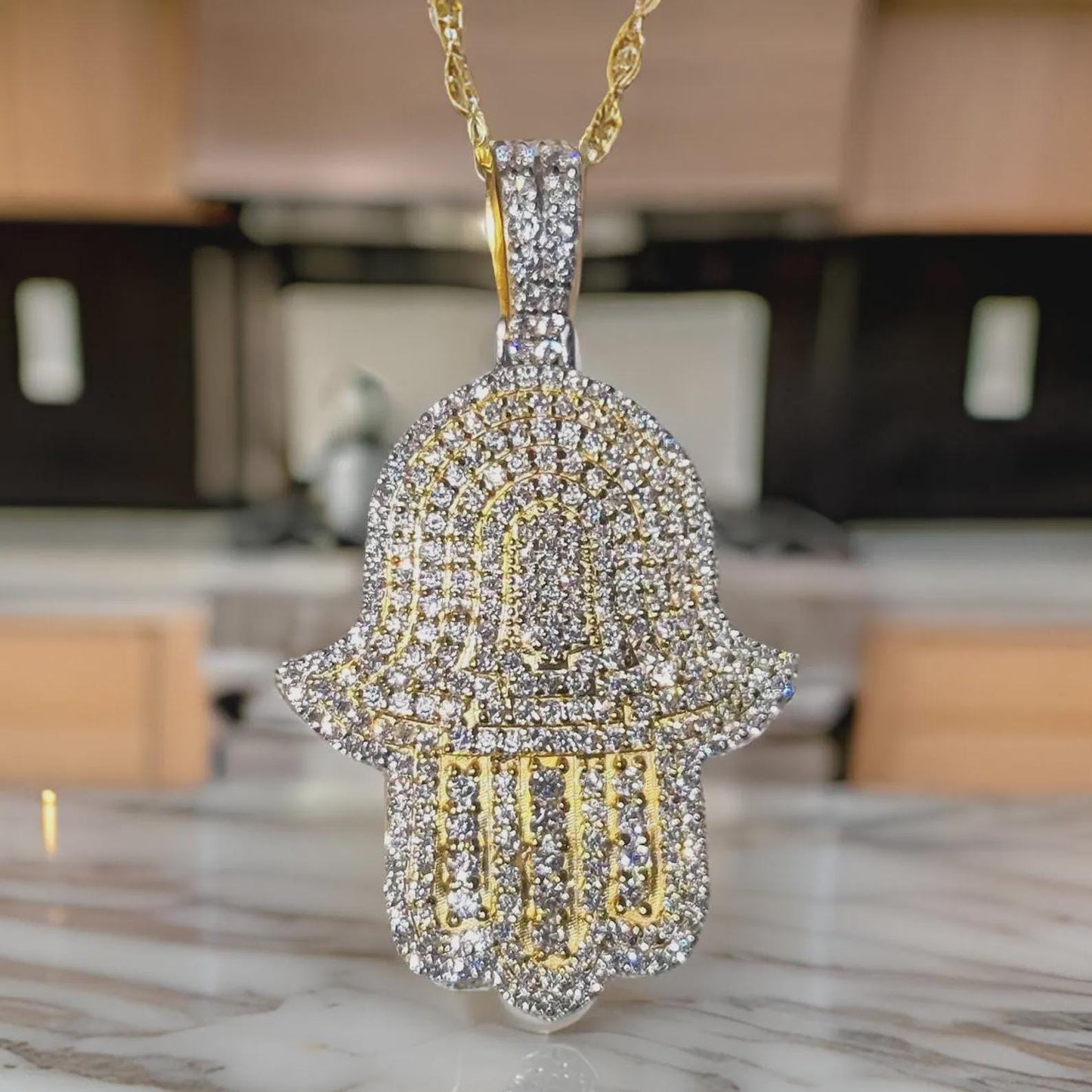 2Ct Round Cut Simulated White Diamond Hamsa Pendant  14K Yellow Gold Finish Free Chain 925 Sterling Silver