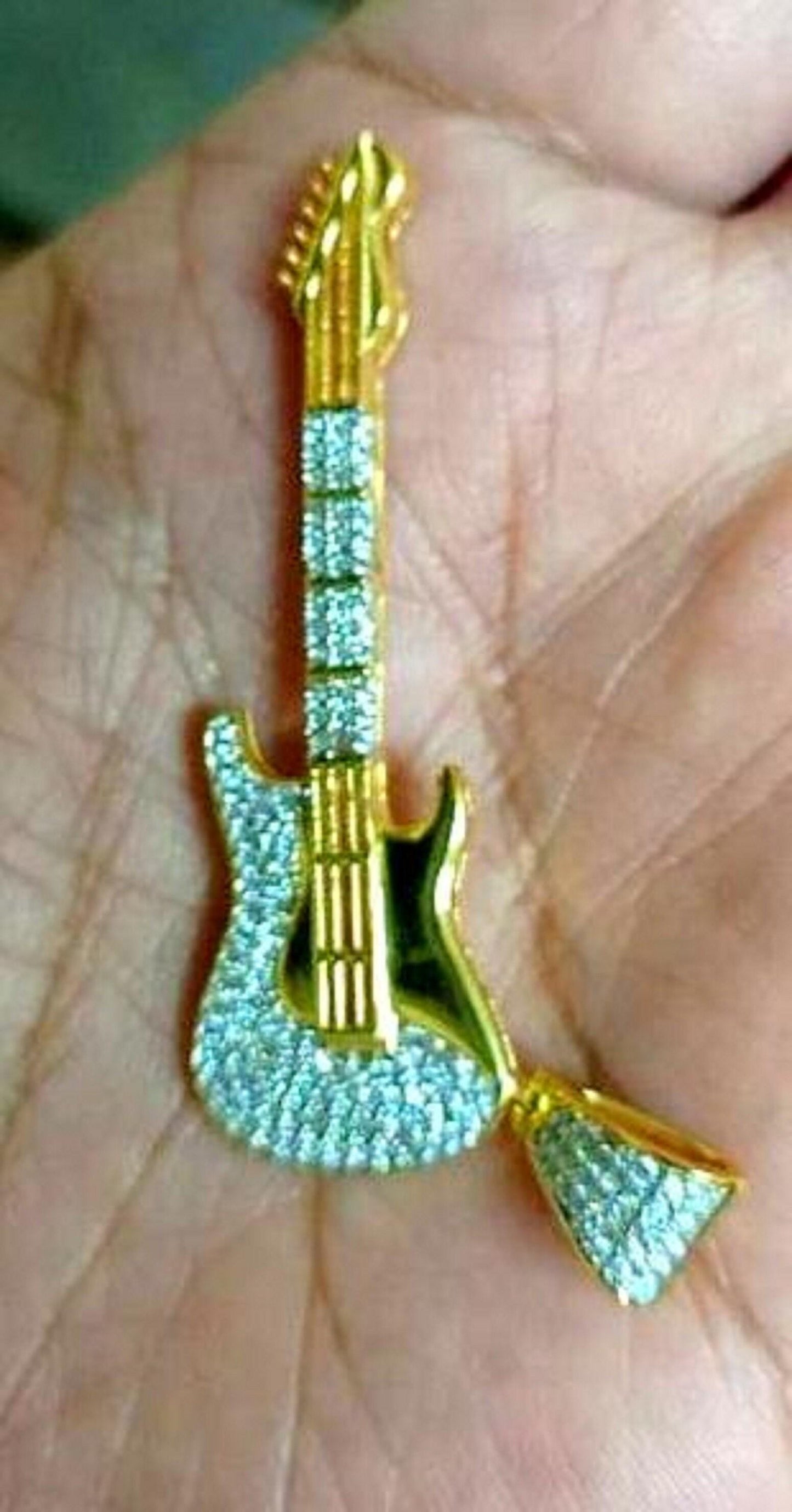 2.50Ct Round Cut Diamond Guitar Shape Pendant 14K Yellow Gold Finish 18 Free Chain For Women And Girls