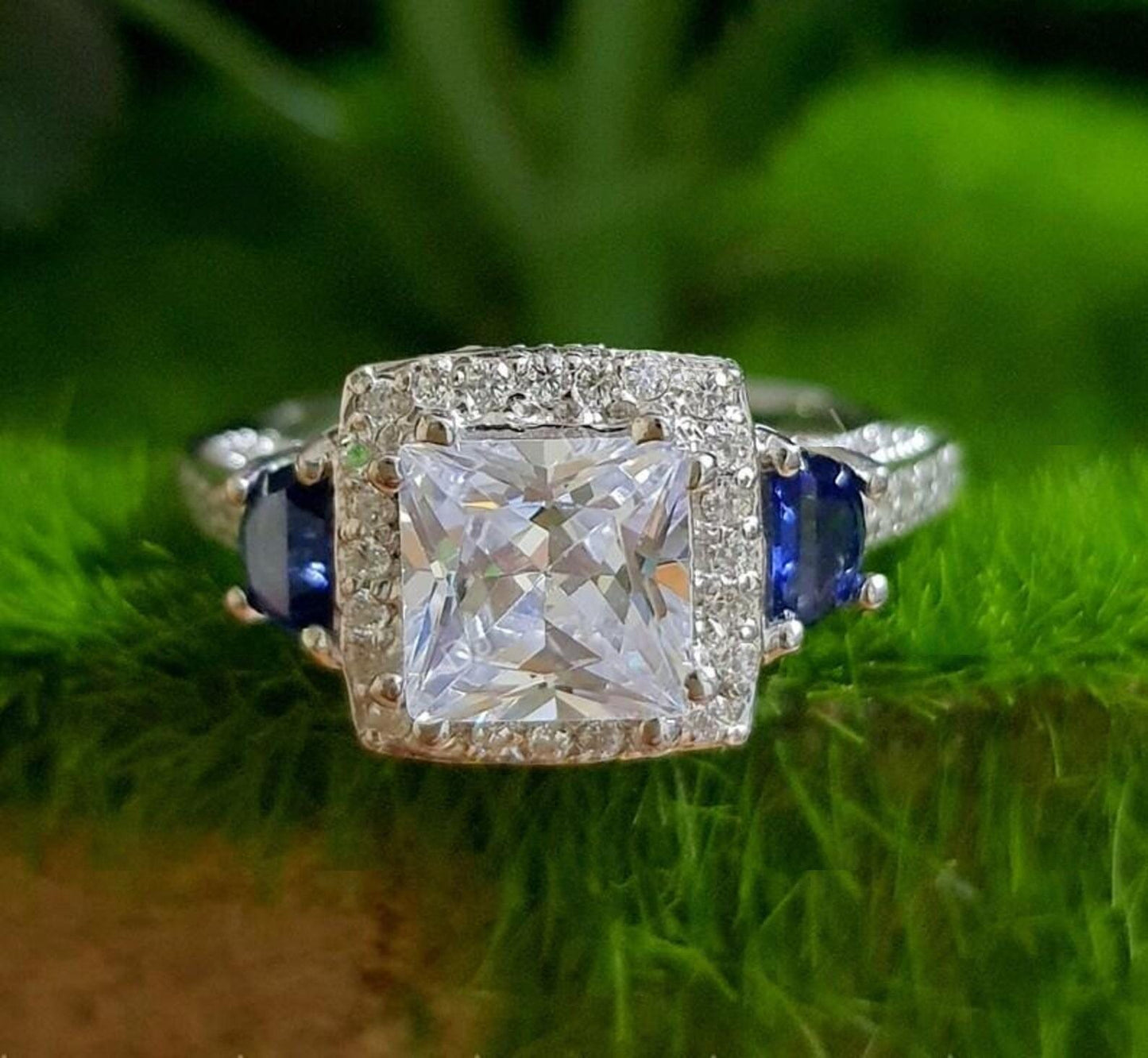 2Ct Princess Cut Halo Simulated Diamond Solitaire Engagement Anniversary Ring 14K White Gold Finish 925 Sterling Silver Wedding Gift For her