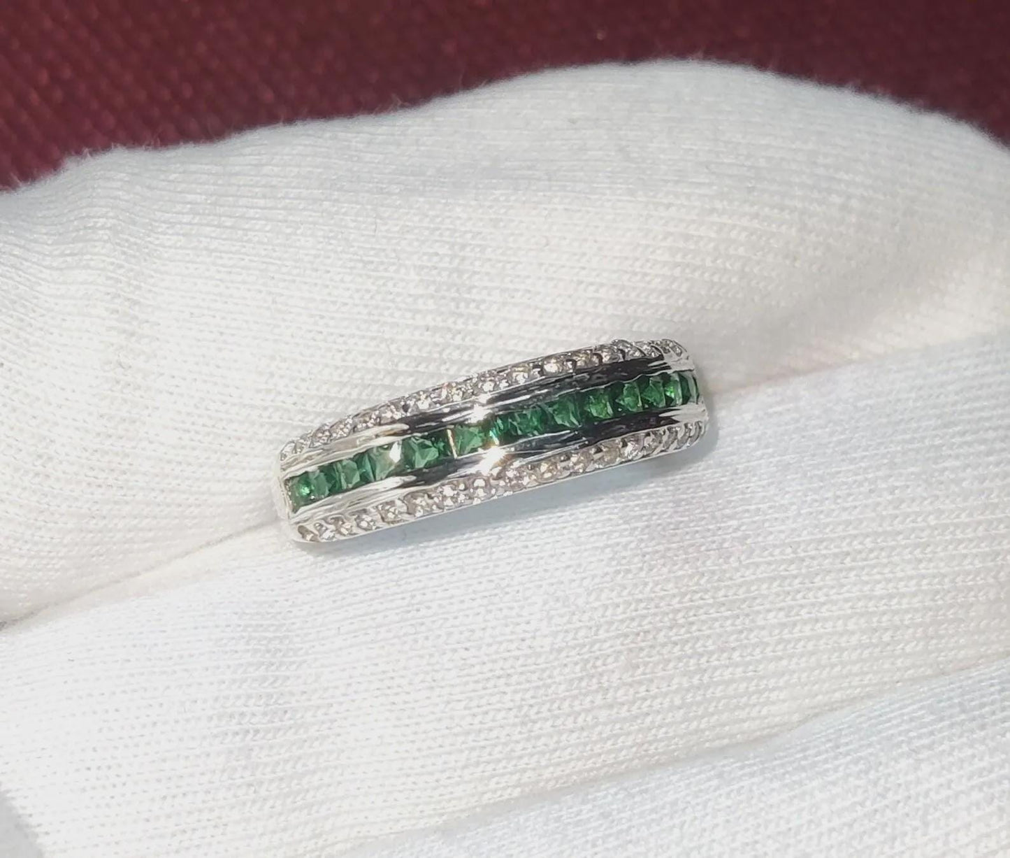 1.50Ct Emerald Princess Cut Simulated Emerald Diamond  Band Engagement Anniversary Ring Prong 14K White Gold Finish 925 Sterling Silver