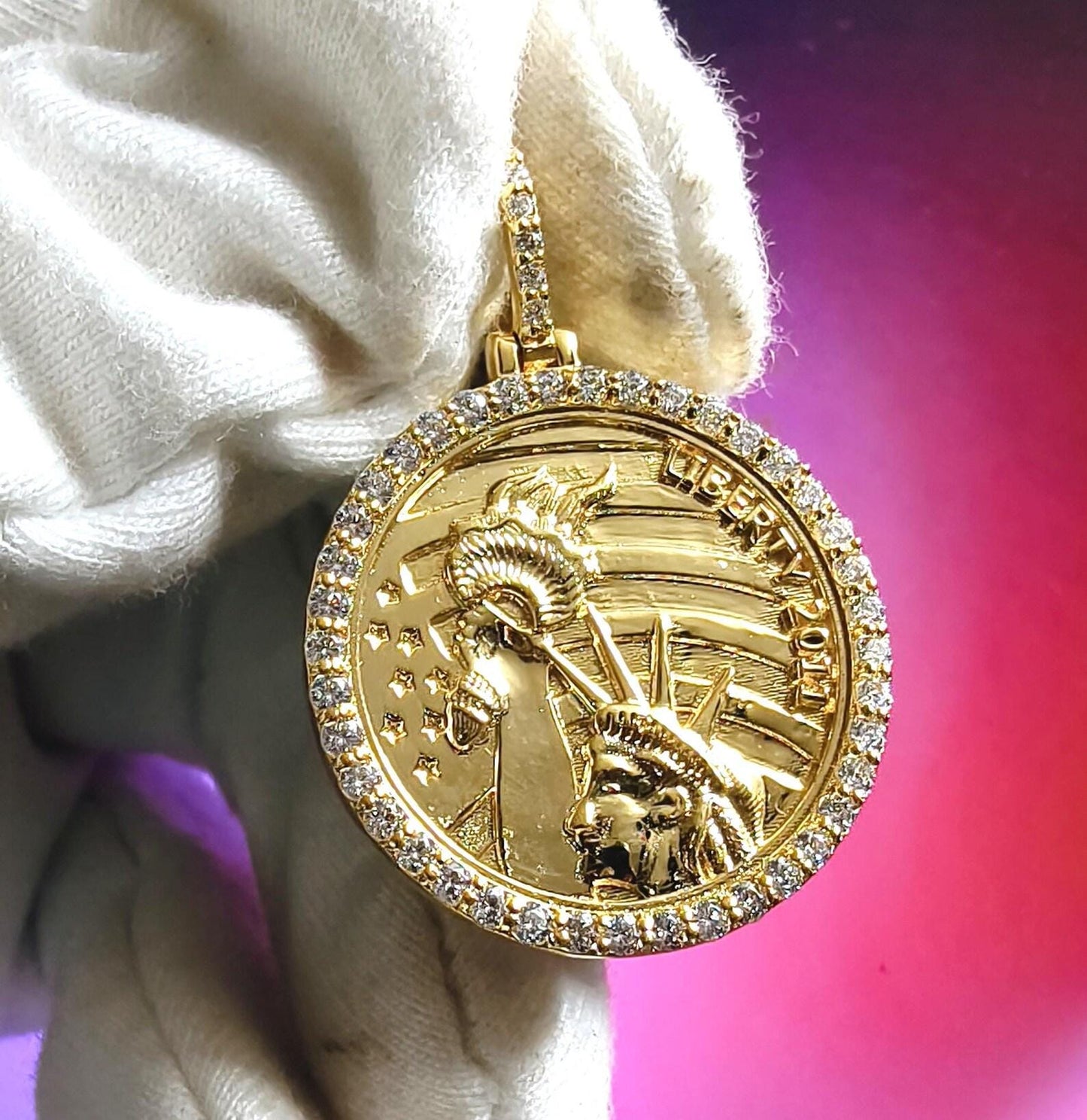 1Ct Round Cut Moissanite Pendant  Liberty Coin Pendant Necklaces Pendant 14K Yellow Gold Over Moissanite Liberty Pendant