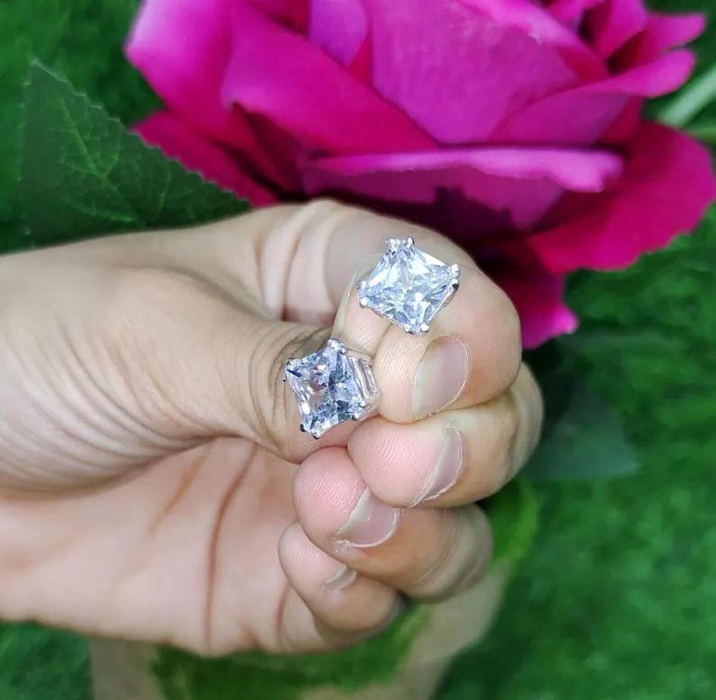 8mm Princess Cut Prong Stud Earrings Simulated Diamond Earrings 14K White Gold Finish 925 Silver Prong Setting Earring, Gift For Anniversary