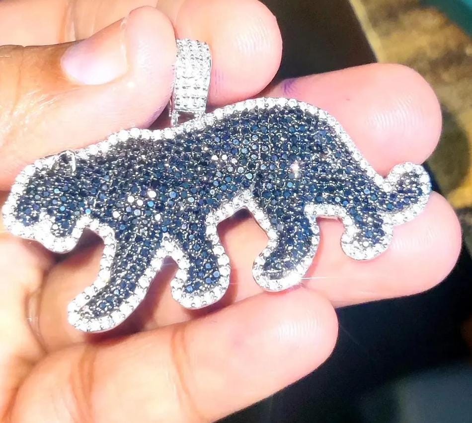 3Ct Round Cut Simulated Black Diamond Panther Pendant 14K White Gold Plated Black - 925 Silver