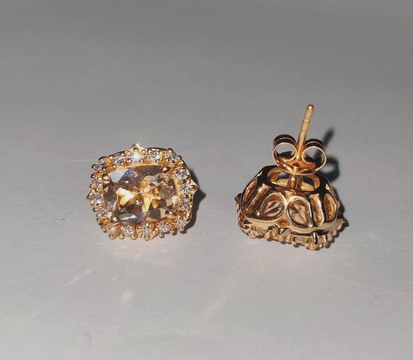 4Ct Cushion Cut Morganite Stud Earrings Simulated Diamond 14K Rose Gold Finish Fancy Halo Earrings 925 Sterling Silver Gift For Party Wear