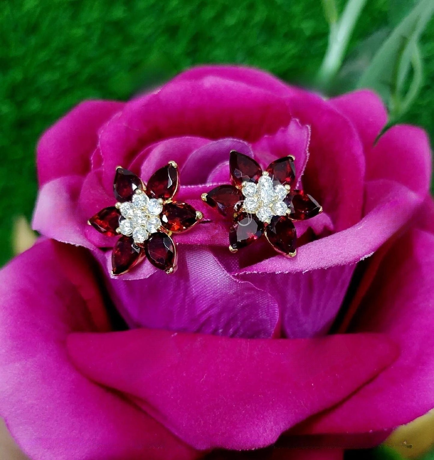 1.20Ct Red Garnet Earrings Lab-Created Pear Cut Red Garnet Cluster Flower Stud Earrings 14K Yellow Gold Finish Woman's Garnet Stud Earrings
