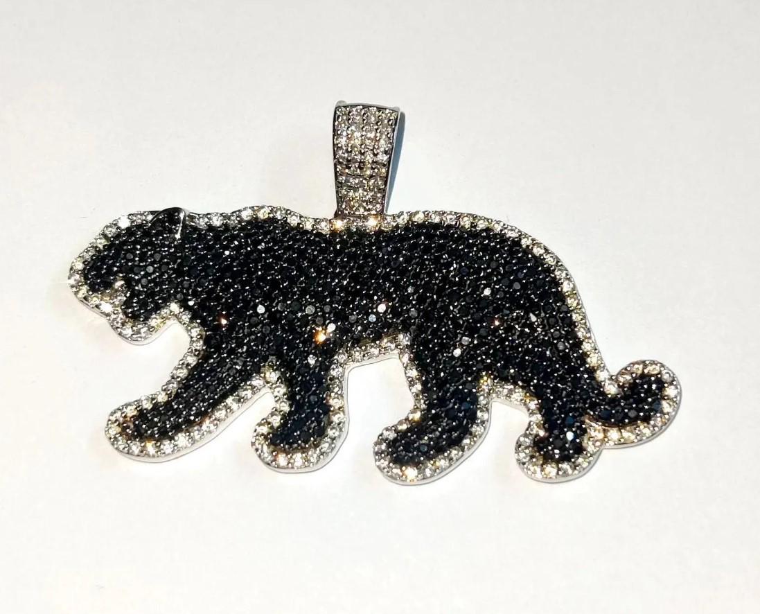3Ct Round Cut Simulated Black Diamond Panther Pendant 14K White Gold Plated Black - 925 Silver