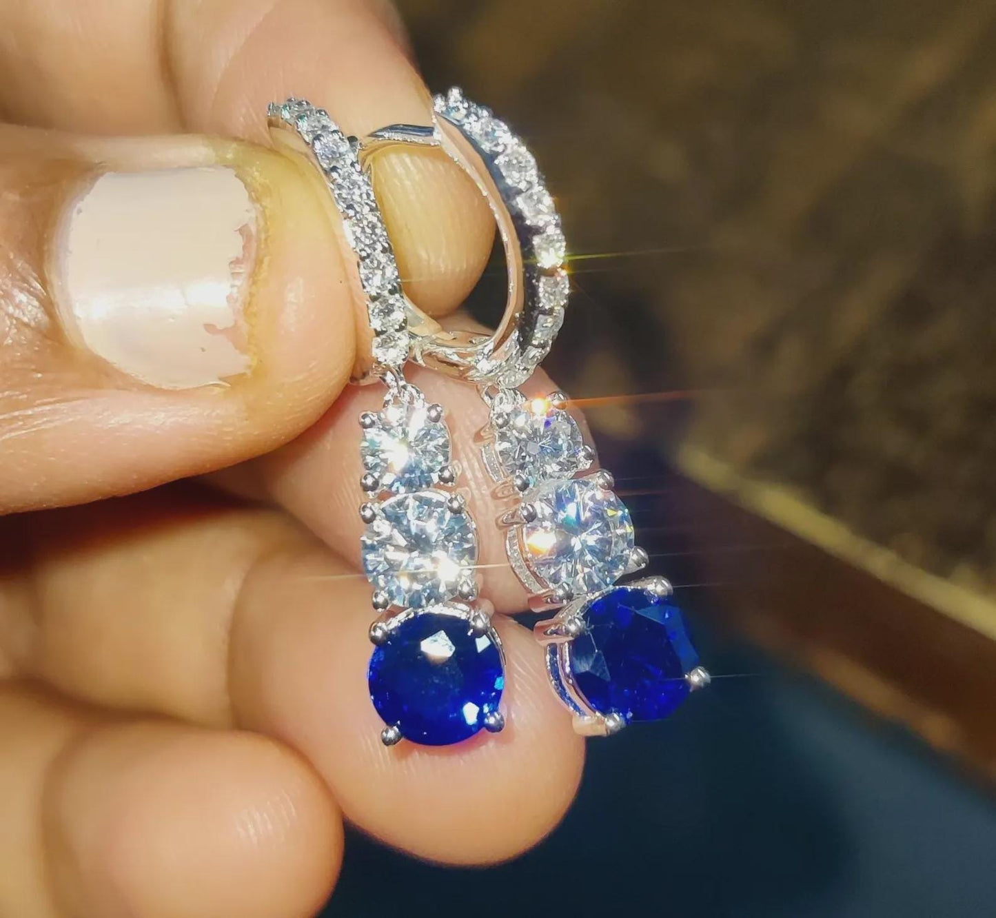 2Ct Round Cut Simulated Blue Sapphire Fancy Drop Dangle Earrings 14K White Gold Finish Sterling Silver Clip On Earrings Gift for Birthday