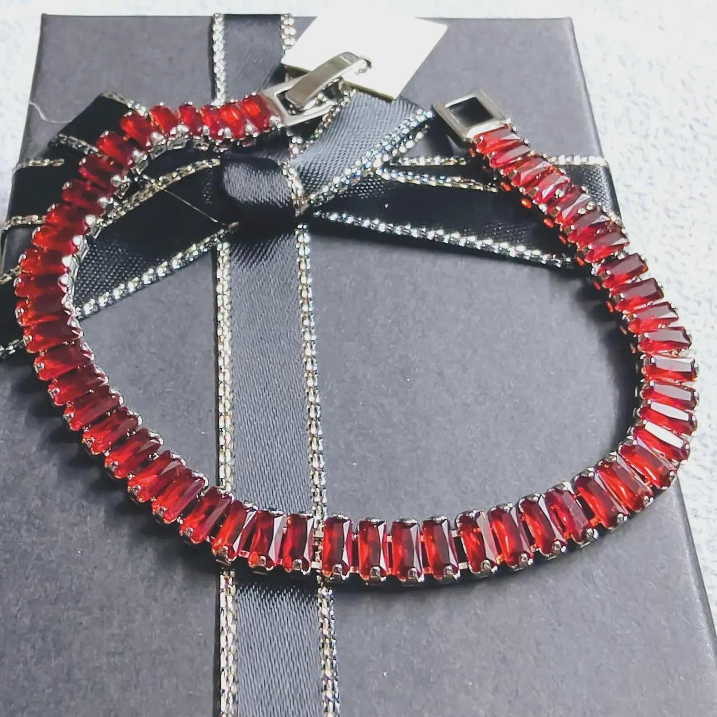 12Ct Radiant Baguette Cut Red Garnet Lab-Created Garnet Tennis Bracelet 14K White Gold Plated Diamond Bracelet Size 7.5" Inch 925 Silver