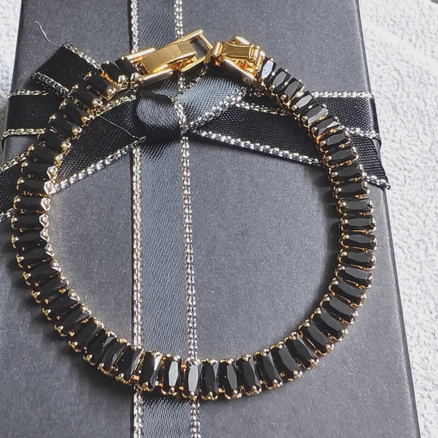 12Ct Baguette Cut CZ Black Diamond Lab-Created Spinel Tennis Bracelet 14K Yellow Gold Plated Diamond Bracelet Size 7.5" Inch 925 Silver