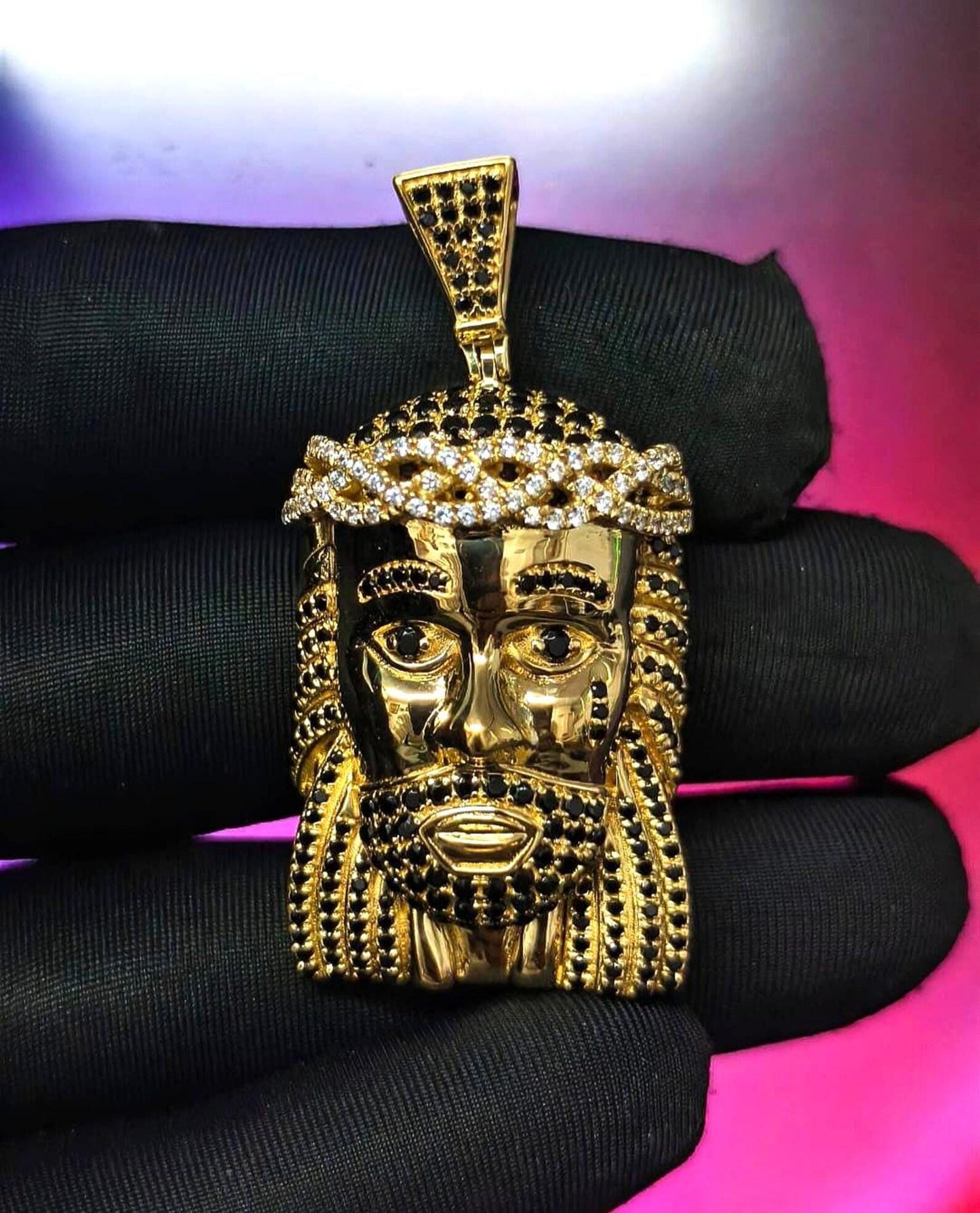 3Ct Round Cut Simulated Black and White Diamond Jesus Face  Pendant 14K Yellow Gold Plated Free Chain 18" 925 Silver, Hip Hop Custom Pendant