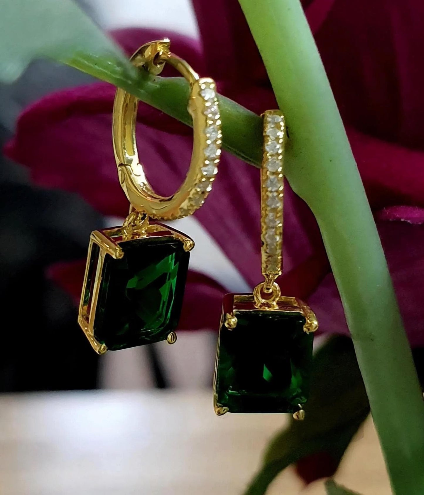 4Ct Radiant Cut Green Emerald Solitaire Earrings / 14K Yellow Gold Finish Drop & Dangle Wedding Earrings Birthday Gift