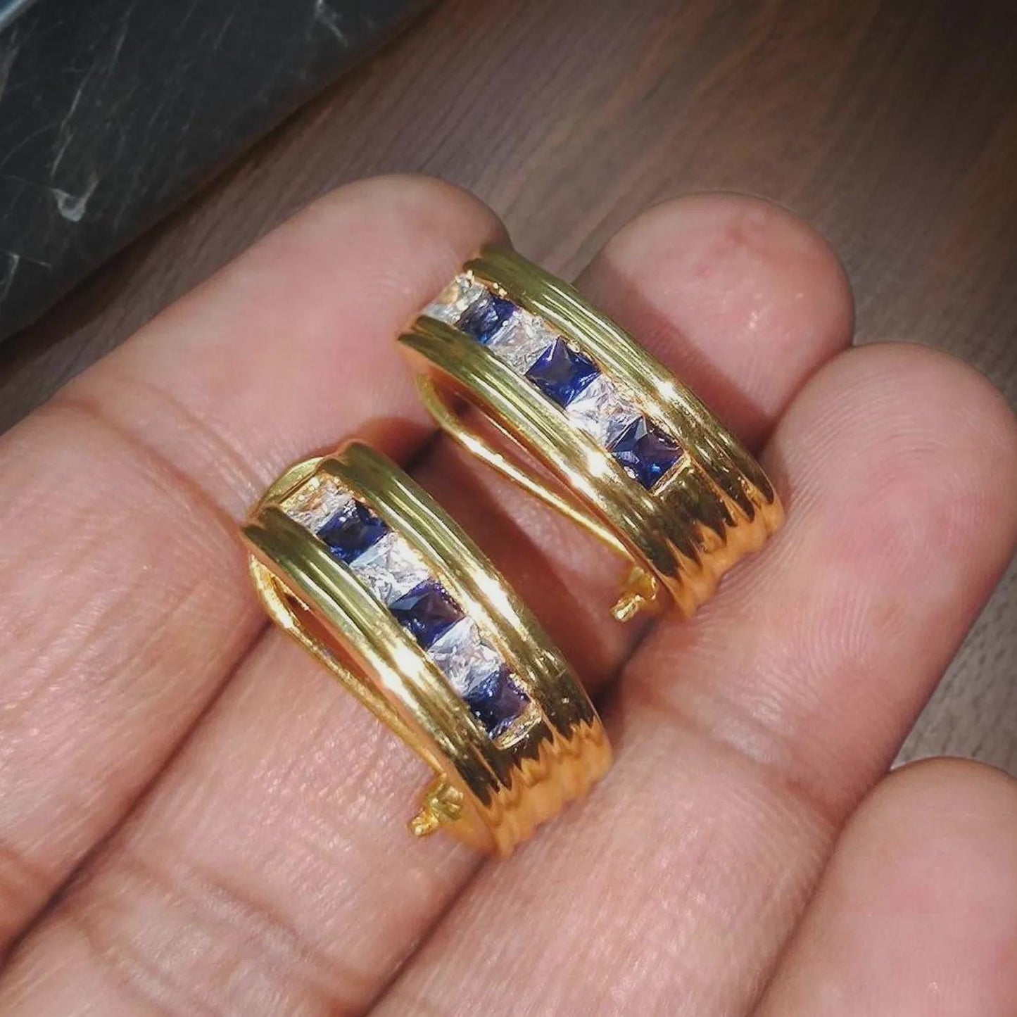 3Ct Princess cut Blue Sapphire VVS1/D Diamond 14K Yellow Gold Finish Dangle Circle Hoop Huggie Women's earrings Gift For her