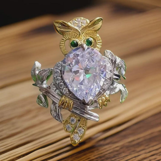 2Ct Heart Cut Owl Shape Ring Simulated Green Emerald 14K Two Tone Gold Plated 925 Sterling Silver, Anniversary Ring, For Birthday Gift Ring