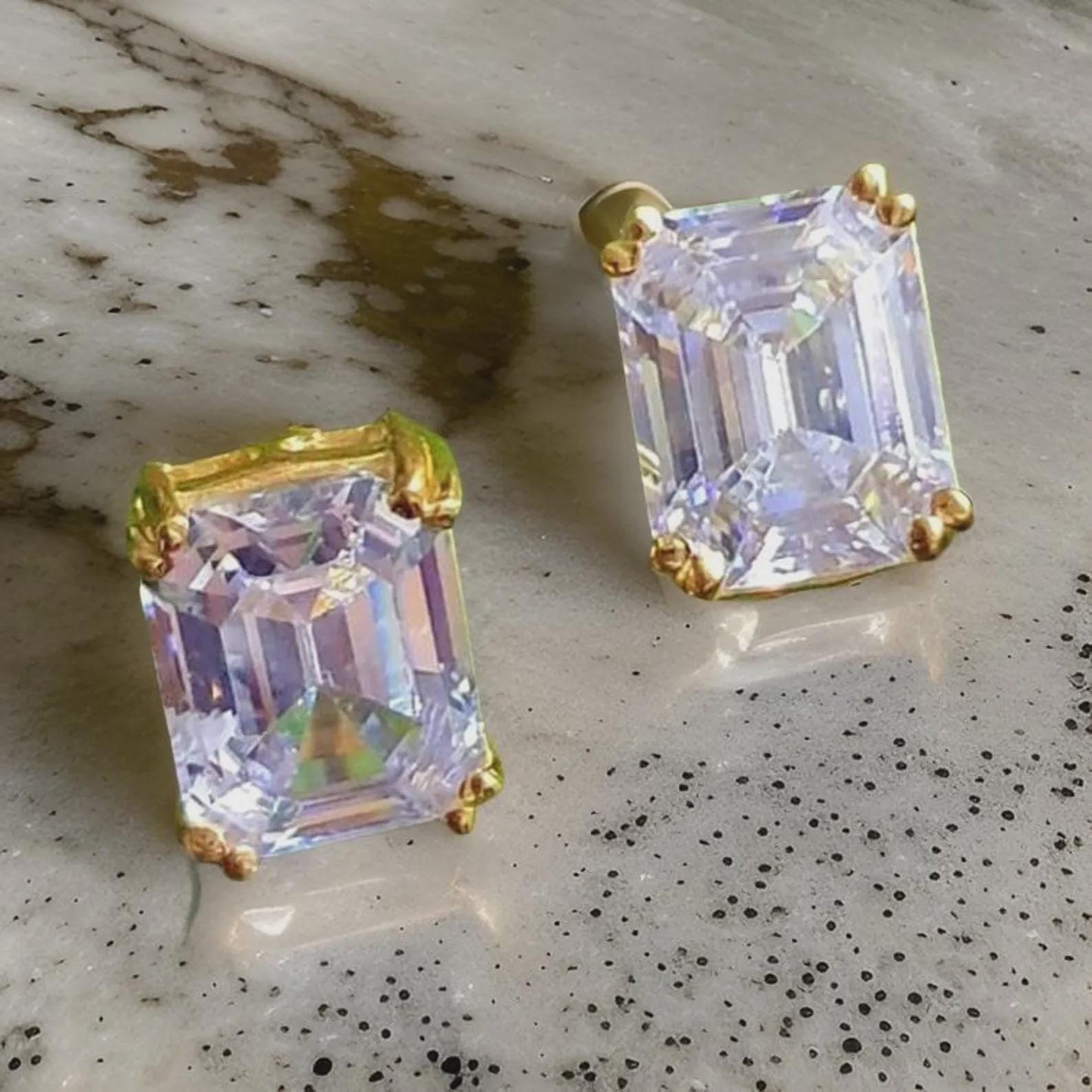 2Ct Emerald Cut Solitaire Stud Earrings Round Cut VVS1 Diamond Earrings 14k Yellow Gold Plated Prong Set Earring Gift for Birthday Party