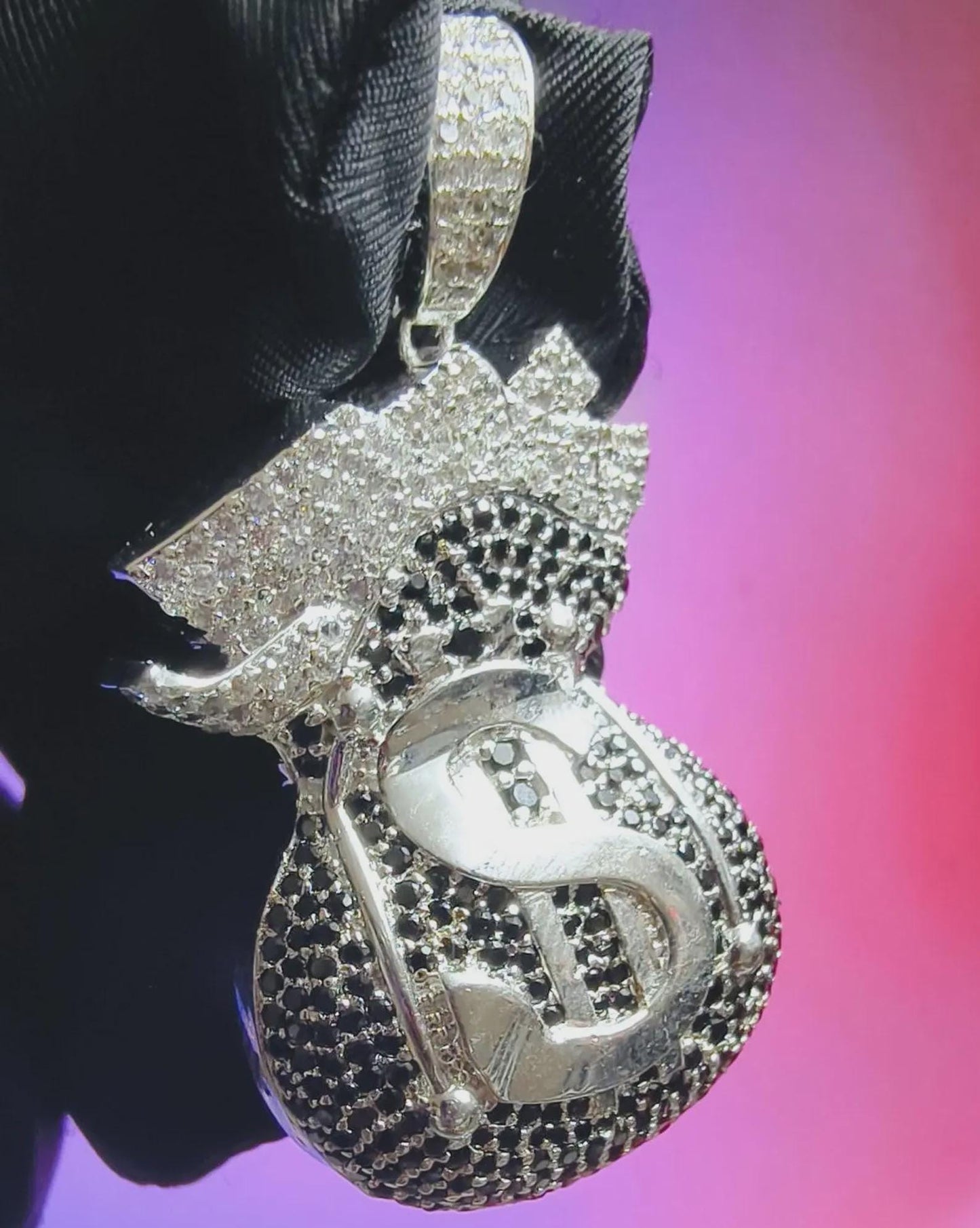 3Ct Round Cut Simulated White Diamond, Black Spinel Dollar Money Bag Pendant 14K White Gold Plated 925 Silver, Hip Hop Pendant