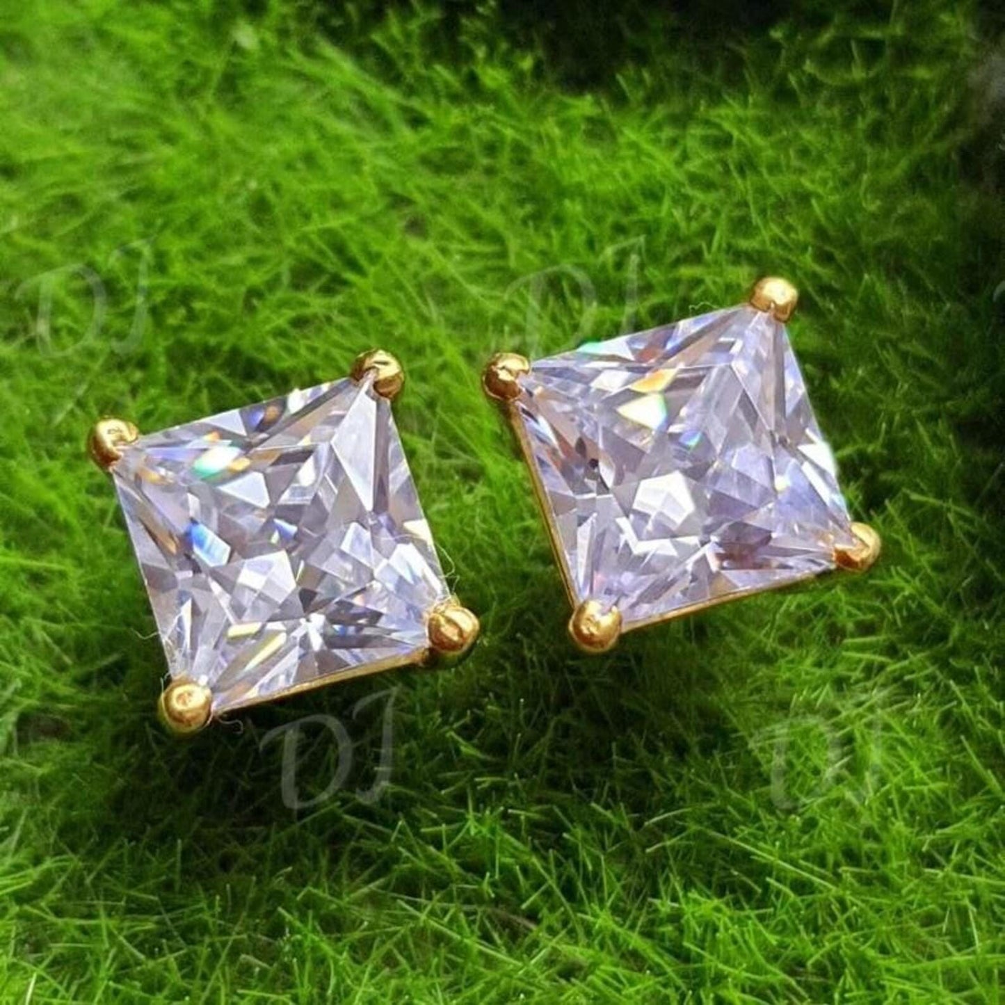 8mm Princess Cut Prong Stud Earrings Simulated Diamond Earrings 14K Yellow Gold Finish 925 Silver Prong Setting Earring,Gift For Anniversary