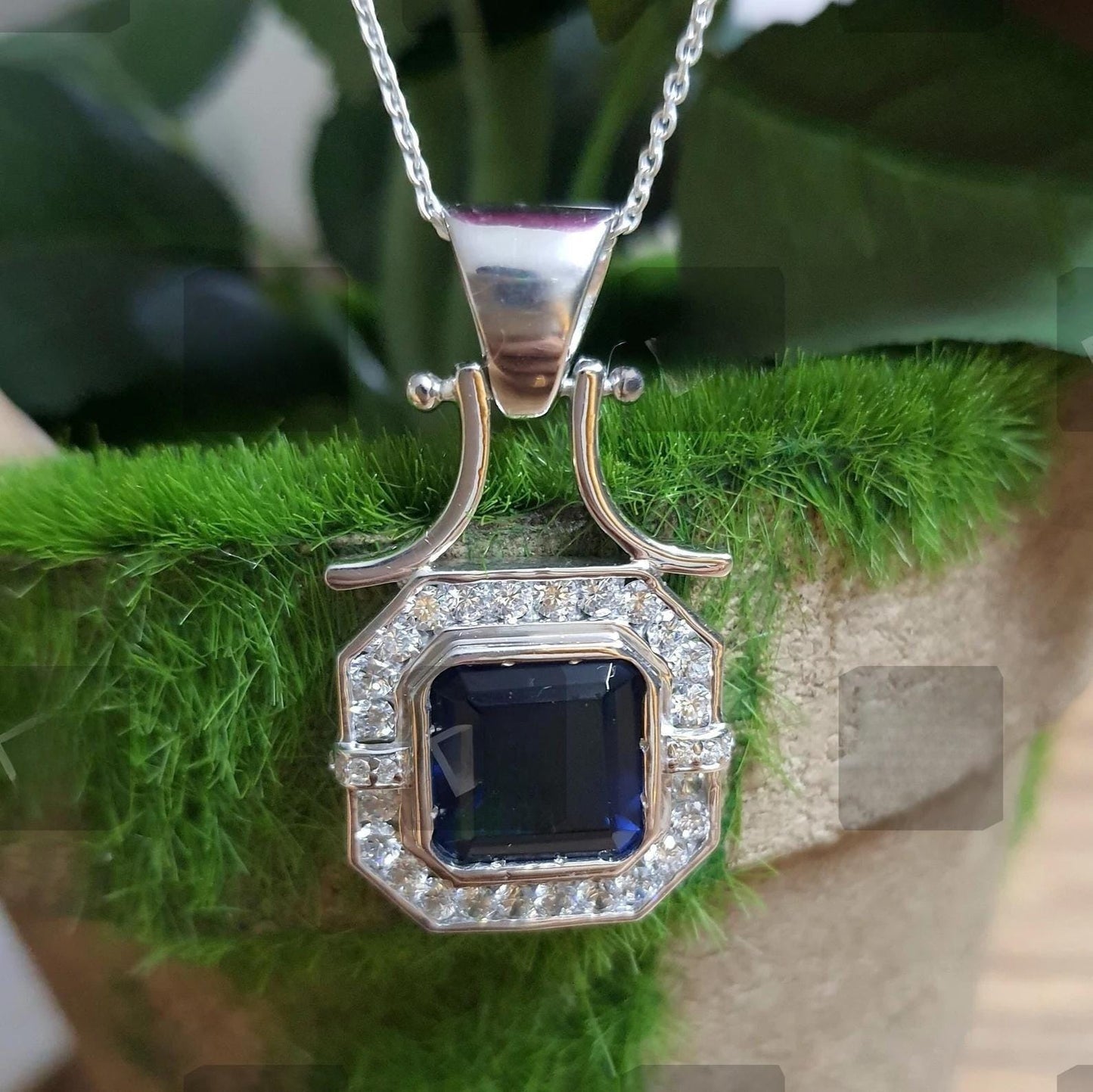 3Ct Asscher Cut Blue Sapphire Round Cut Diamond Halo 14K White Gold Finish Pendant Necklace For Girls With Free Chain