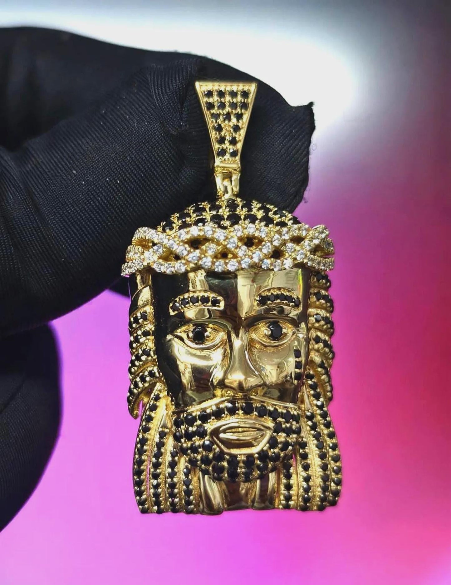 3Ct Round Cut Simulated Black and White Diamond Jesus Face  Pendant 14K Yellow Gold Plated Free Chain 18" 925 Silver, Hip Hop Custom Pendant