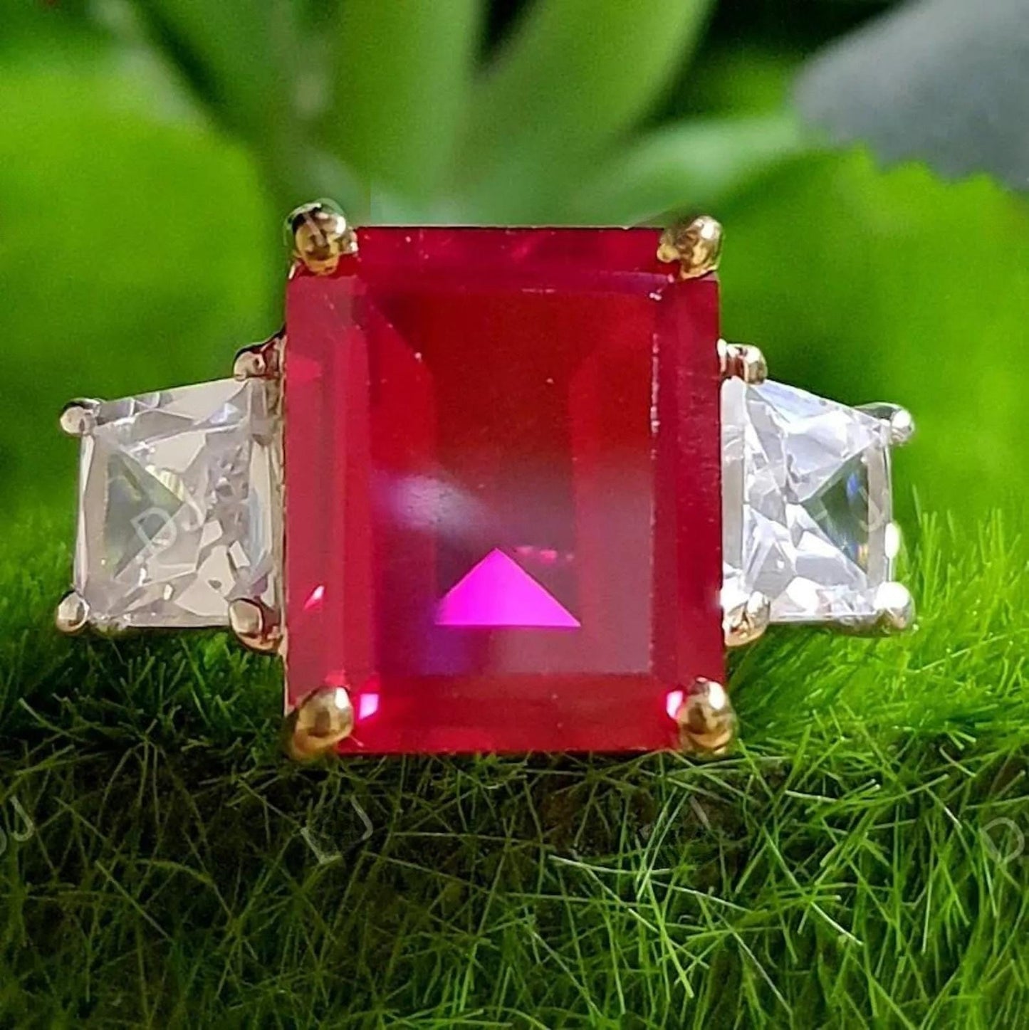2Ct Emerald Cut Simulated Red Ruby Diamond Three Stone 14K White Gold Finish Engagement Anniversary Ring, Birthday Party Gift, Ring For Her
