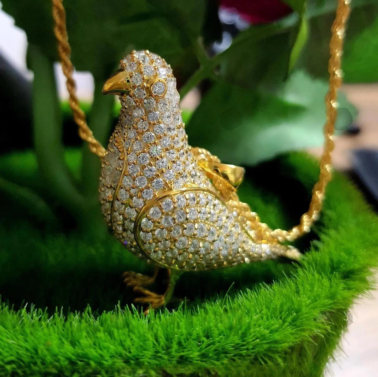 14k Yellow Gold Finish Pendant. Custom Made Bird Pendant Round cut Simulated Diamond Yellow Gold Plated Bird Pendant Free Chain