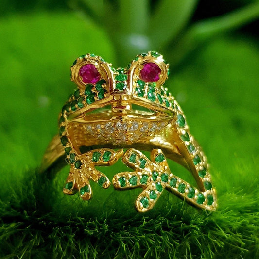 2Ct Round Cut Red Ruby and Emerald Frog Animal 14K Yellow Gold Finish Engagement Anniversary Ring, Birthday Gift, Ring For Her
