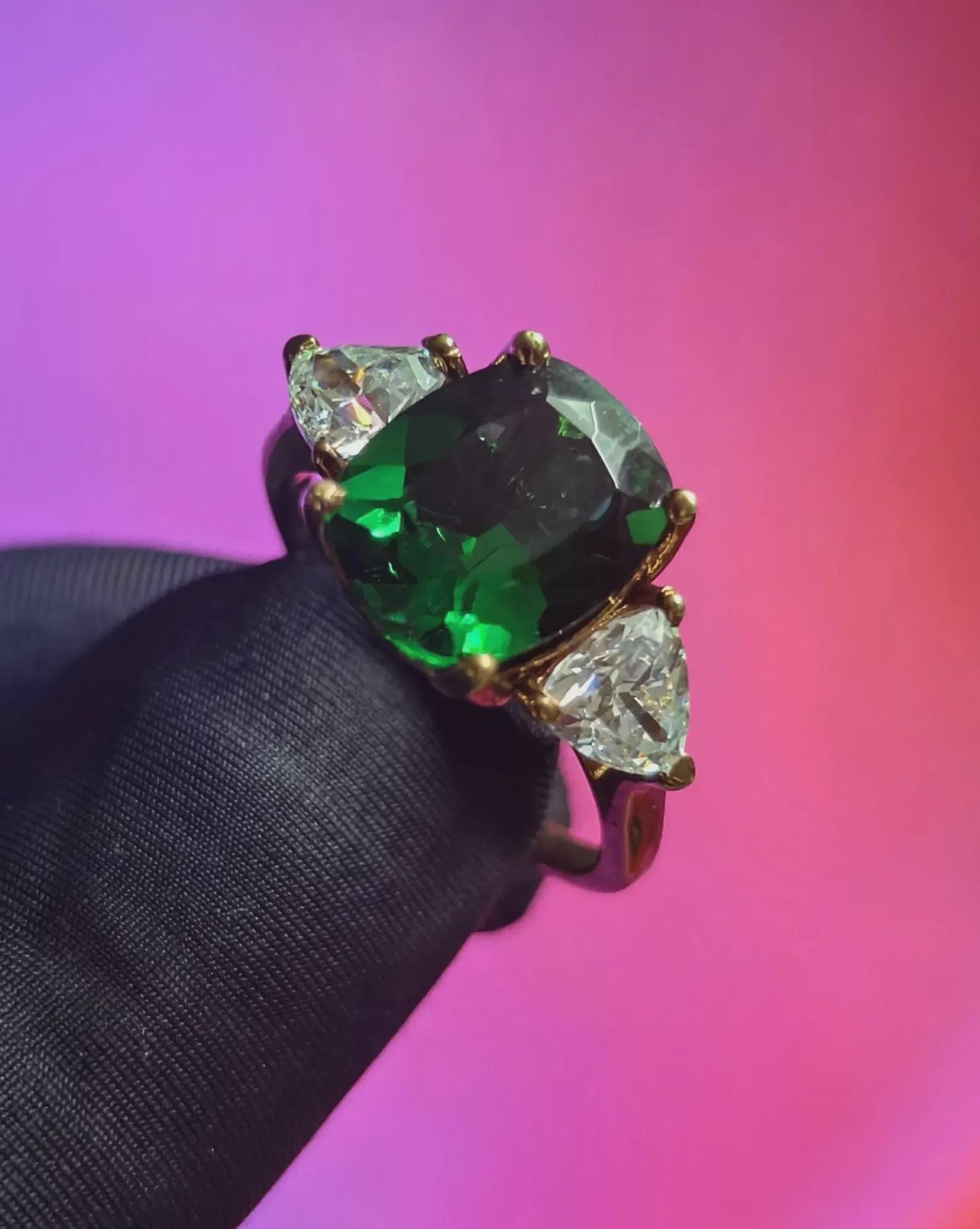 Three Stone Cushion Cut Simulated Green Emerald Diamond 14K Yellow Gold Plated 925 Sterling Silver, Anniversary Ring, Wedding Solitaire Ring