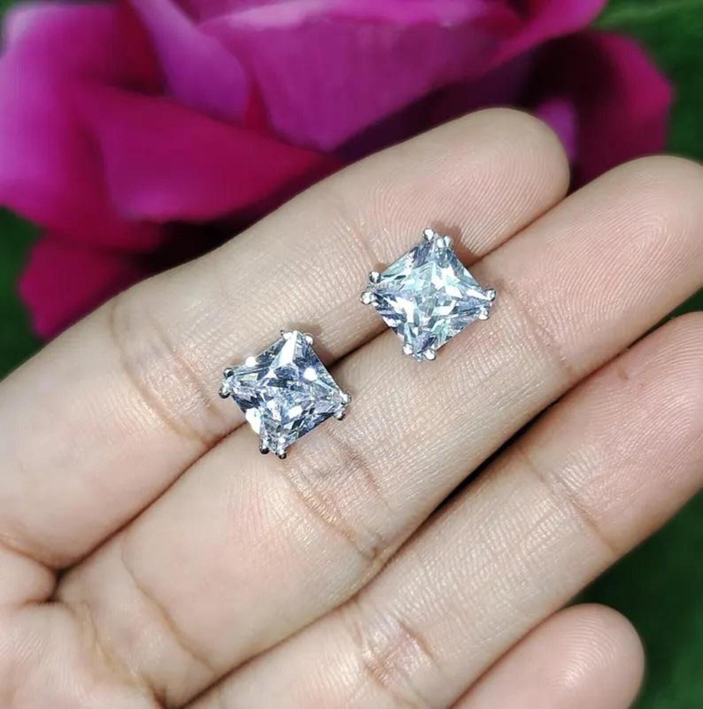 8mm Princess Cut Prong Stud Earrings Simulated Diamond Earrings 14K White Gold Finish 925 Silver Prong Setting Earring, Gift For Anniversary