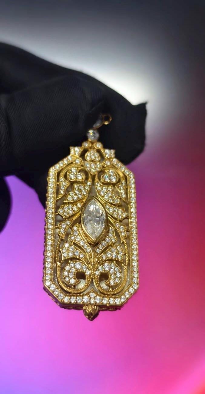 3Ct Marquise & Round Cut Simulated Diamond Art Deco Style Pendant 14K Yellow Gold Plated - 925 Silver