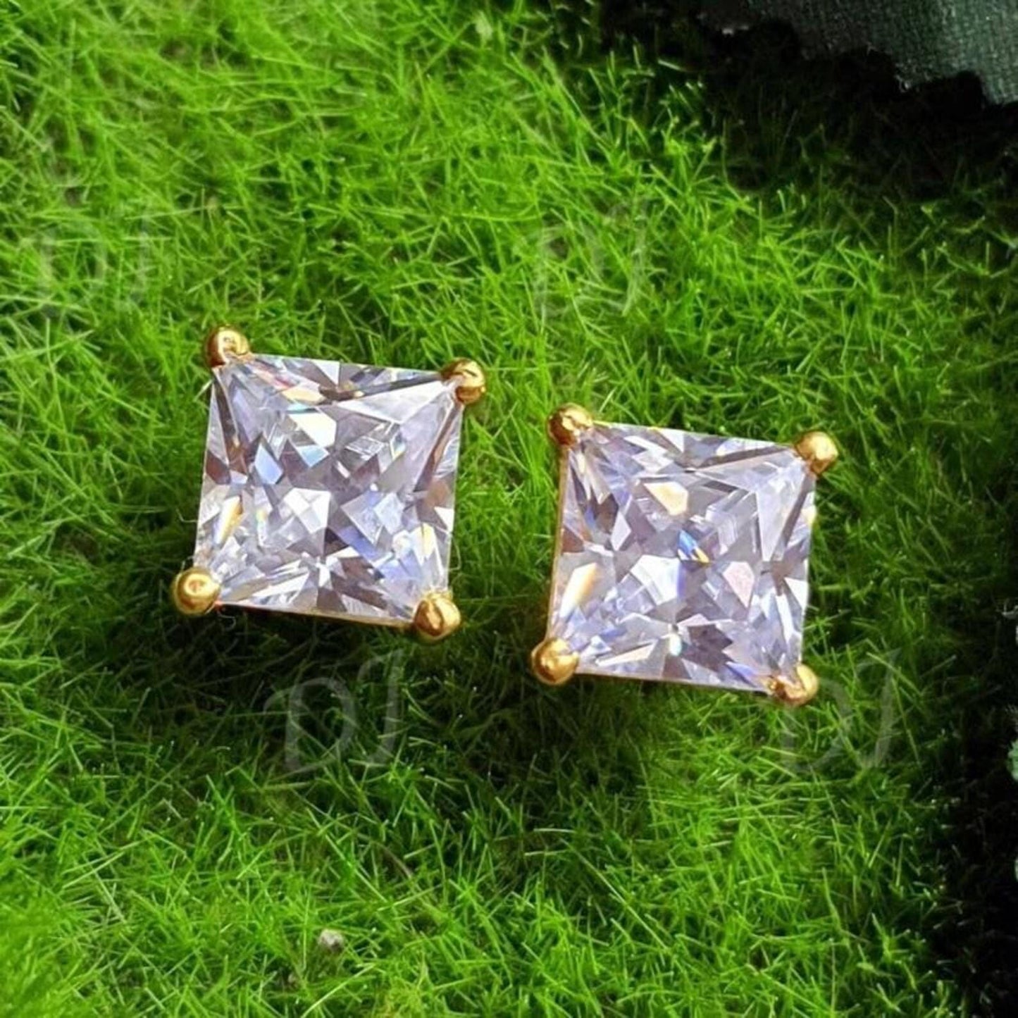 8mm Princess Cut Prong Stud Earrings Simulated Diamond Earrings 14K Yellow Gold Finish 925 Silver Prong Setting Earring,Gift For Anniversary