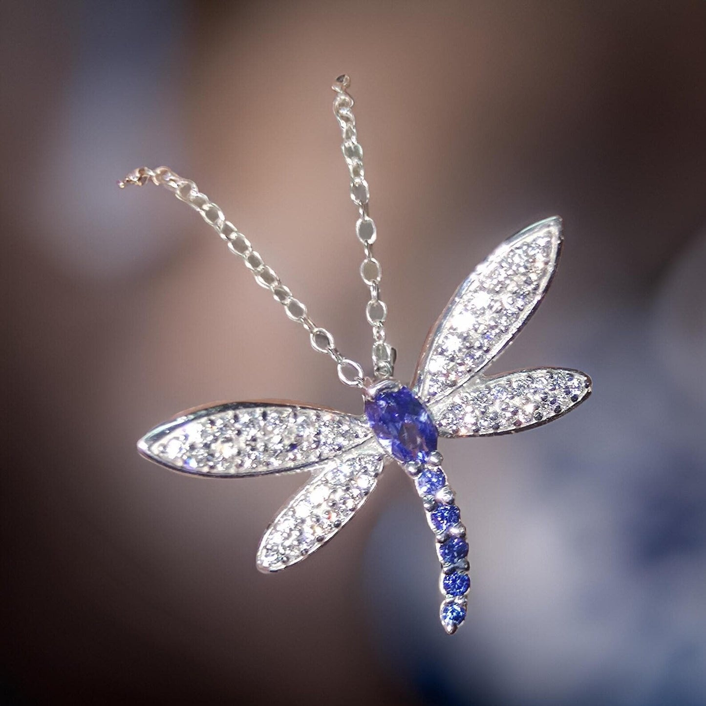 2Ct Oval Cut Lab-Created Blue Sapphire & Diamond Dragonfly Pendant 14K White Gold Plated Sapphire Pendant Women's Dragonfly Pendant