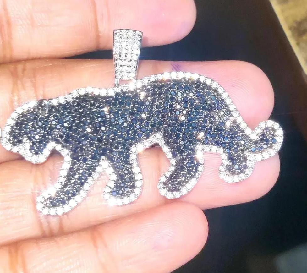 3Ct Round Cut Simulated Black Diamond Panther Pendant 14K White Gold Plated Black - 925 Silver